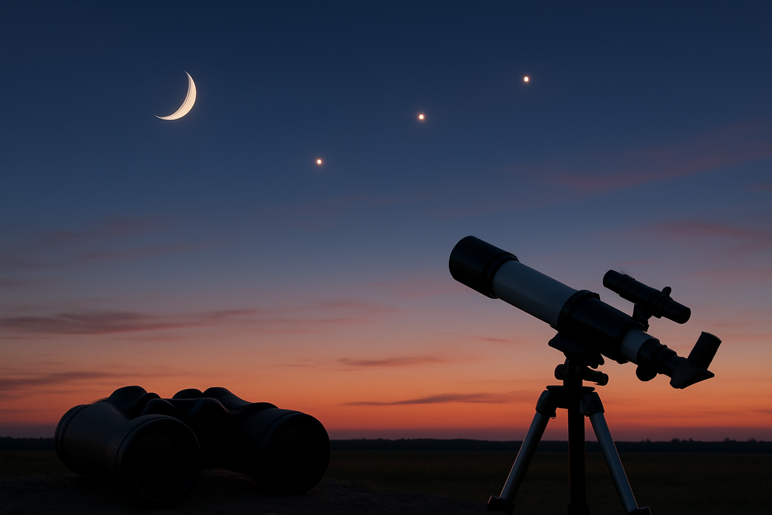 Binoculars and a small telescope pointed toward a crescent Moon above three evening planets