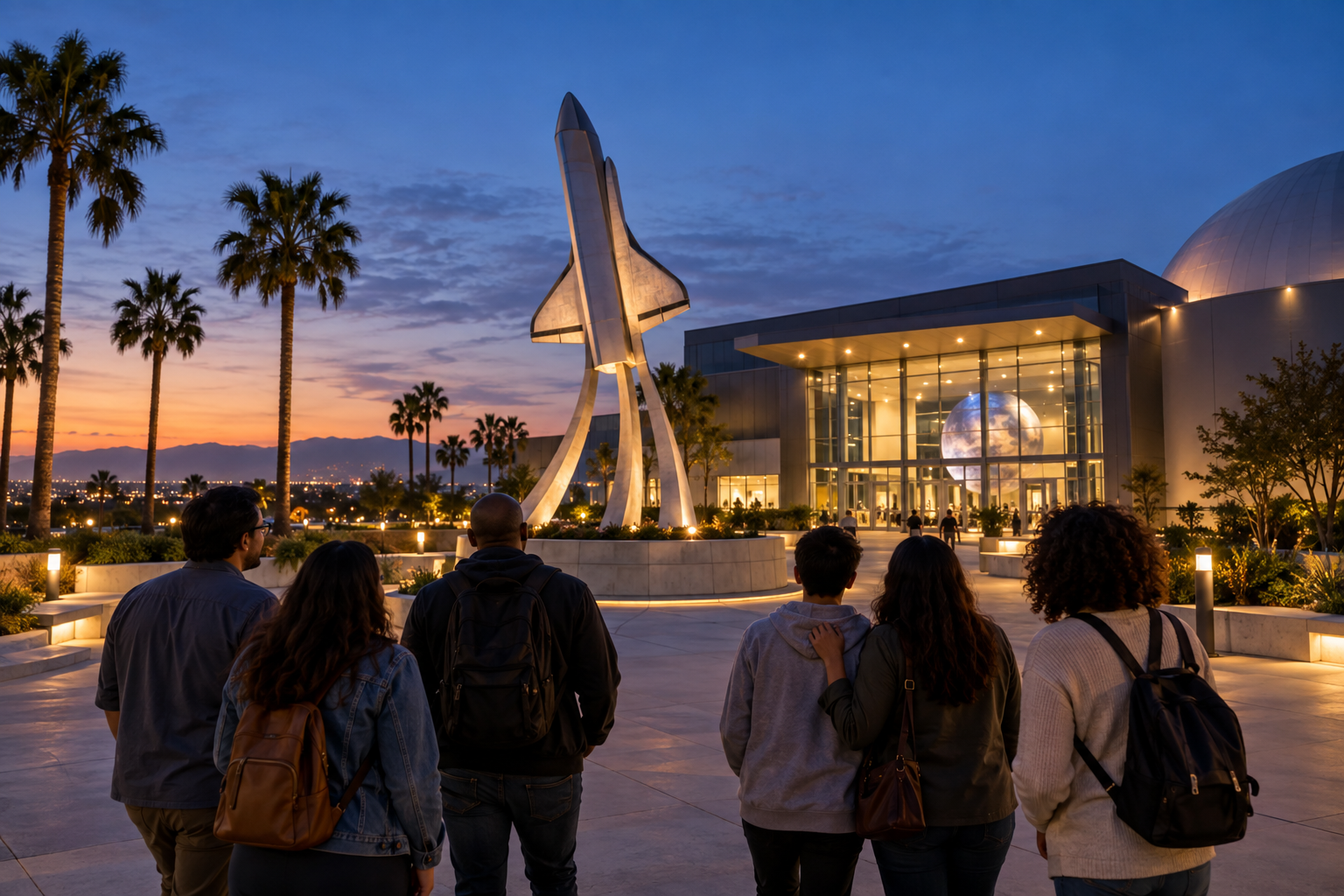 Friends arriving at a welcoming Southern California space science center at blue hour