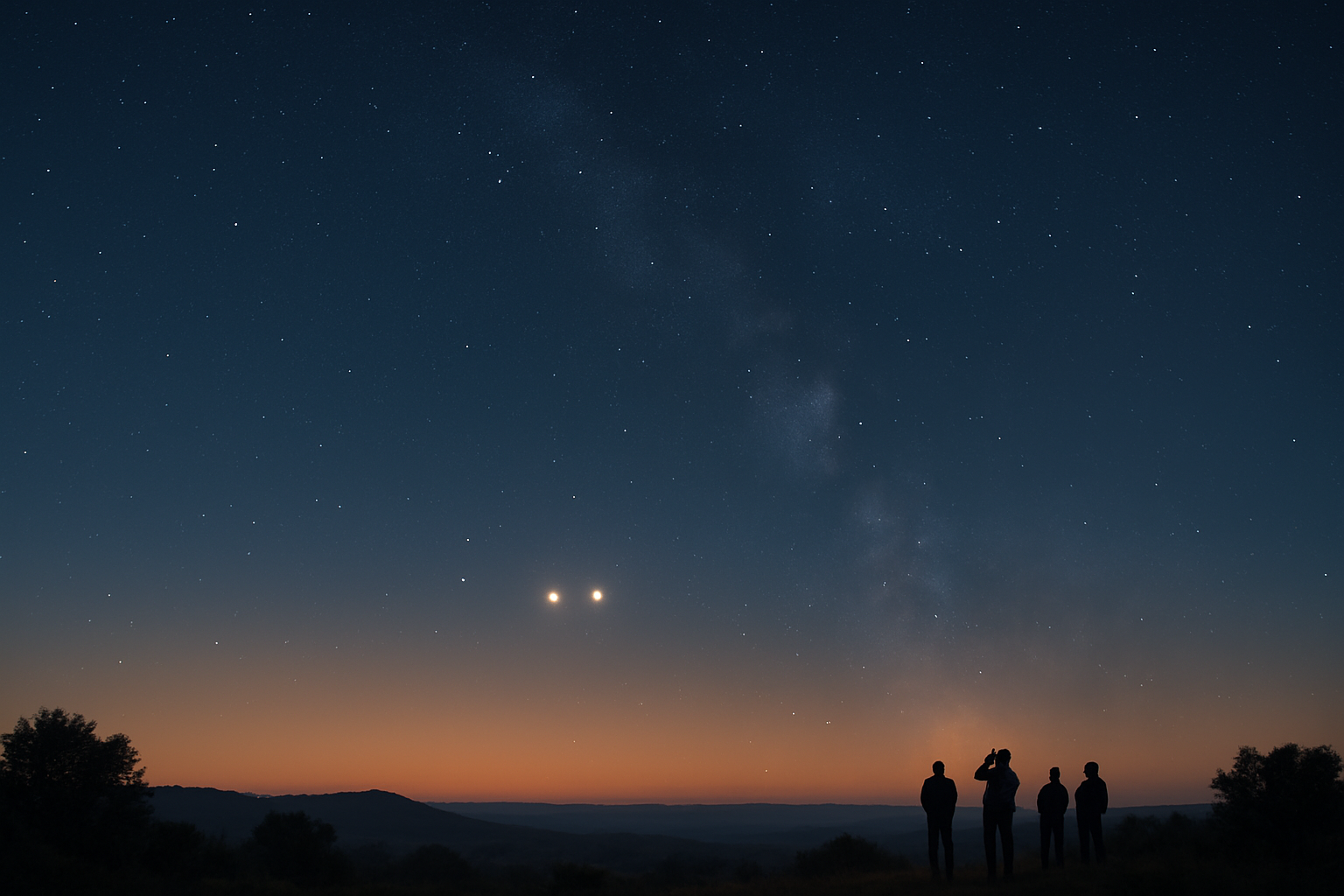 Venus and Jupiter shining close together above a twilight horizon with skywatchers silhouetted below