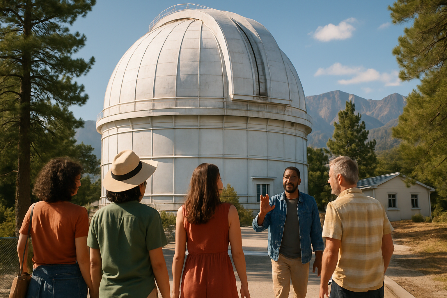 Diverse small group arriving at Mount Wilson Observatory's 100-inch telescope dome on a summer day in the San Gabriel Mountains