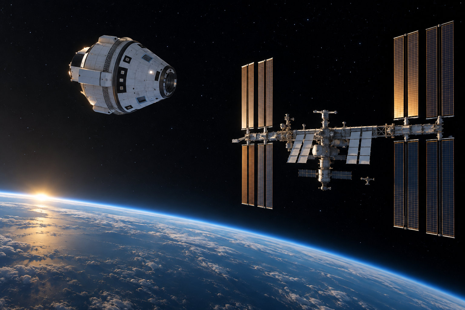 Original editorial illustration of a Starliner-like spacecraft approaching the International Space Station above Earth at sunrise