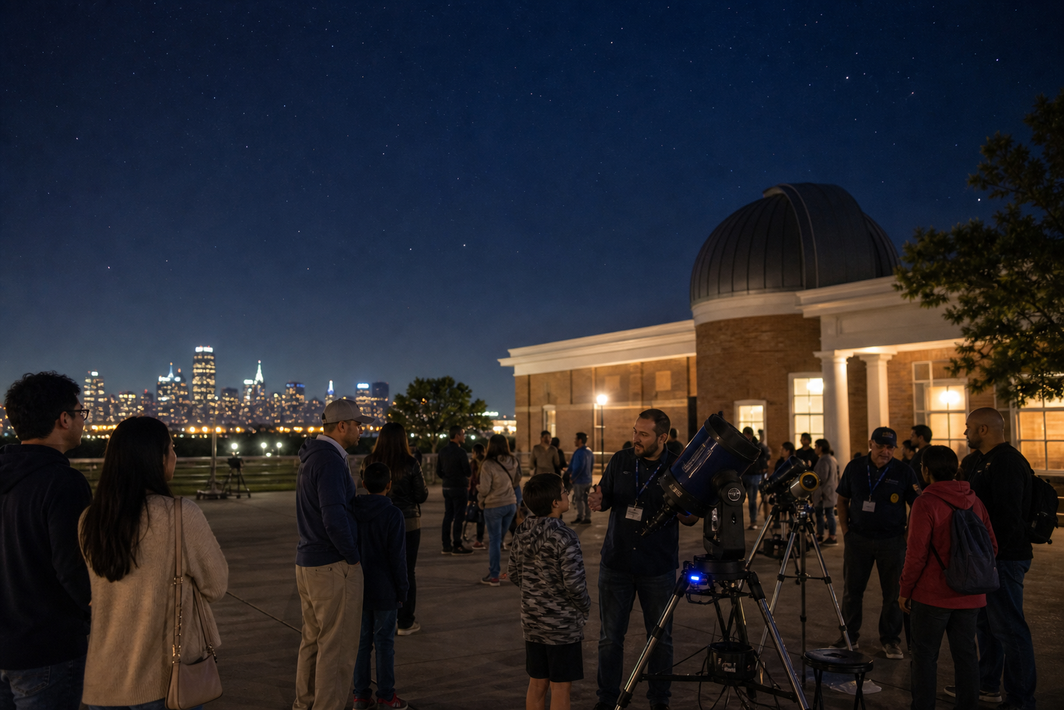 Friends arriving at an observatory night with one small telescope visible