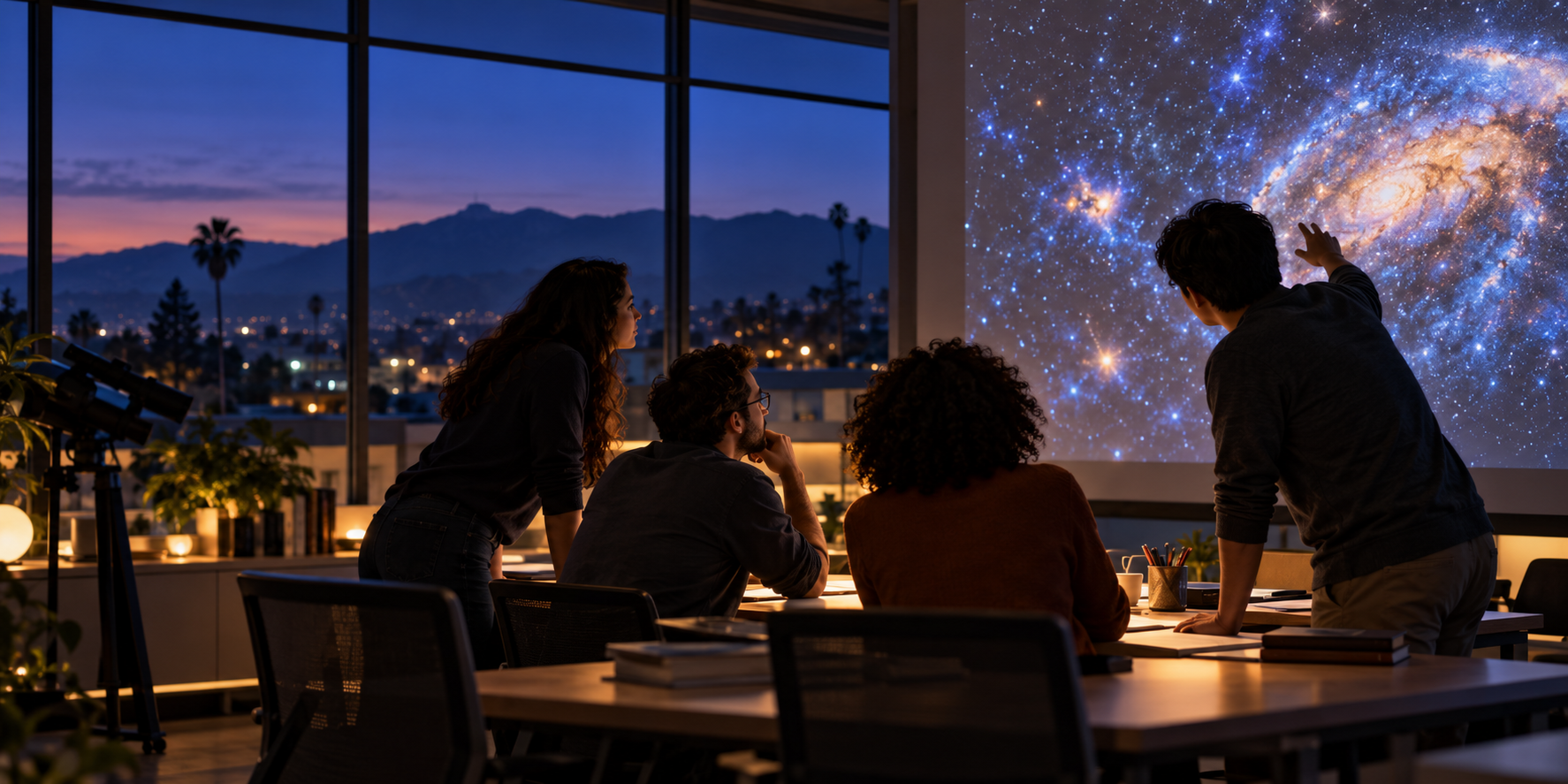 A diverse astronomy team collaborating around a projected star field in a blue-hour operations room