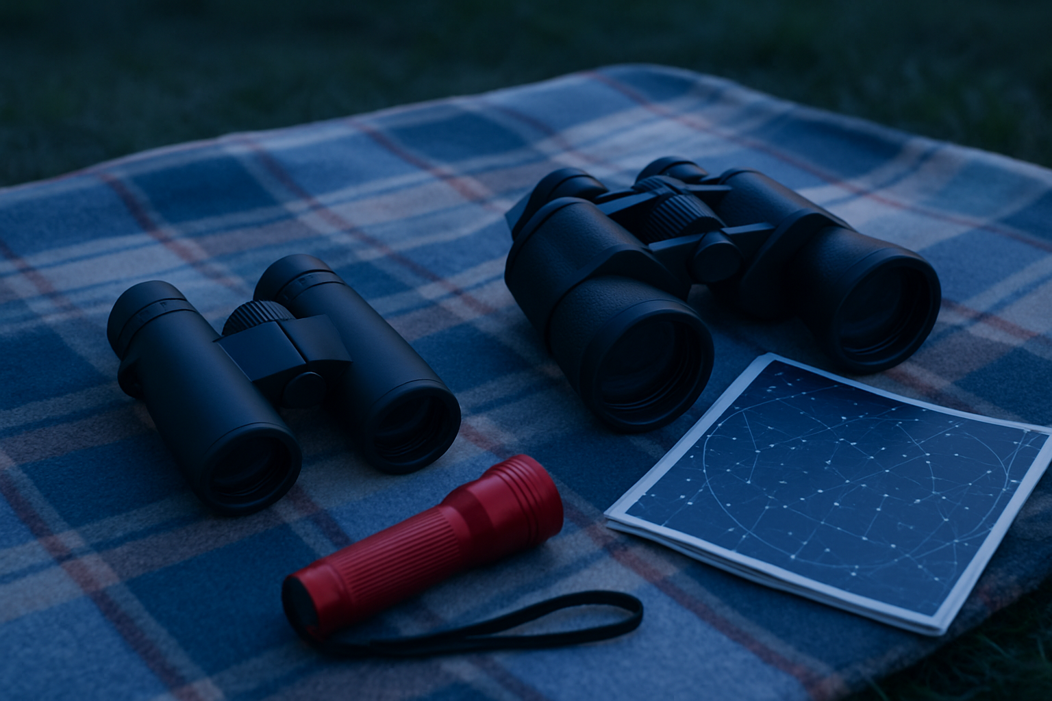 Two binocular styles side by side with a red flashlight and star chart