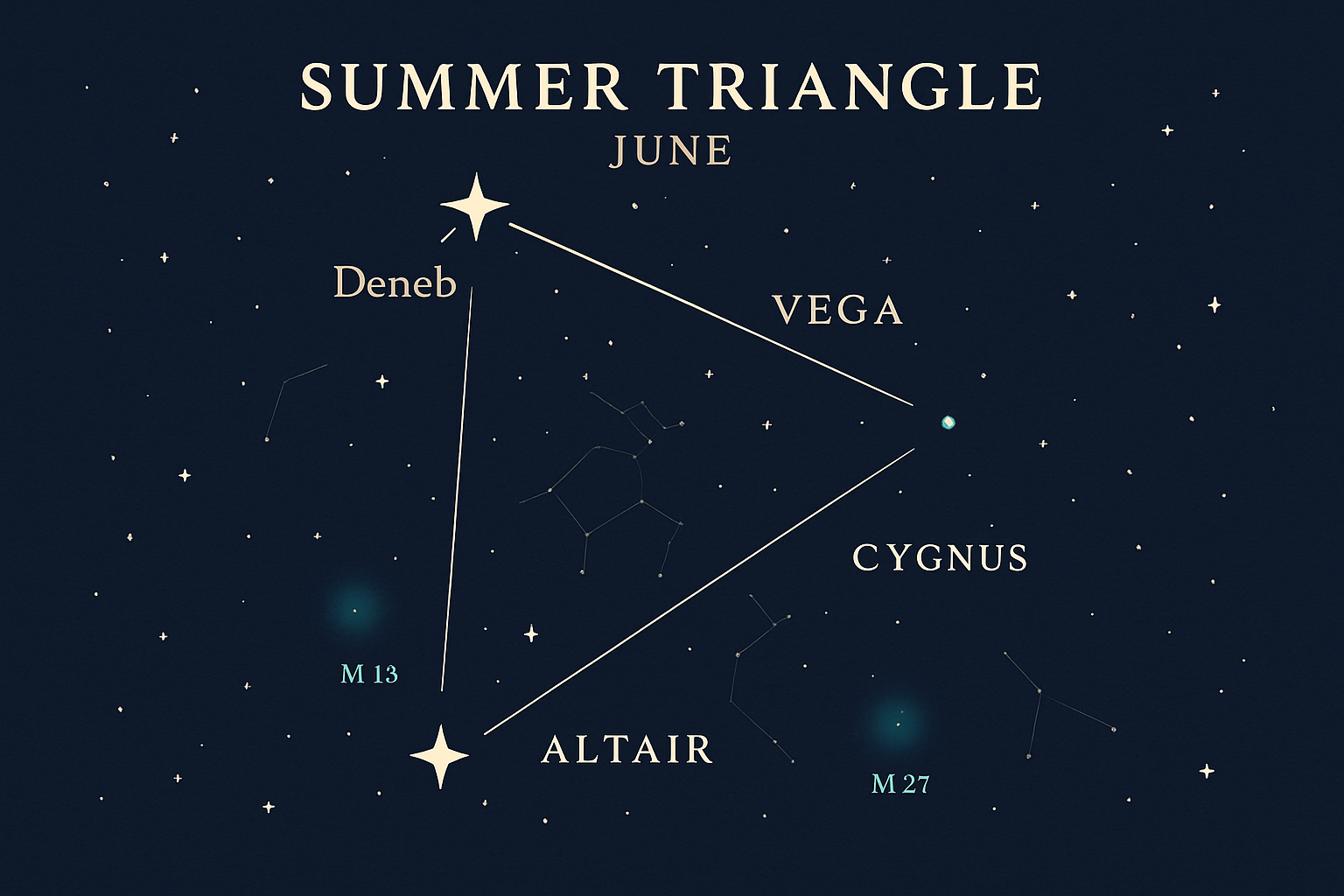 Stylized June night-sky map of the Summer Triangle region with the rough locations of M13 and M27 highlighted.