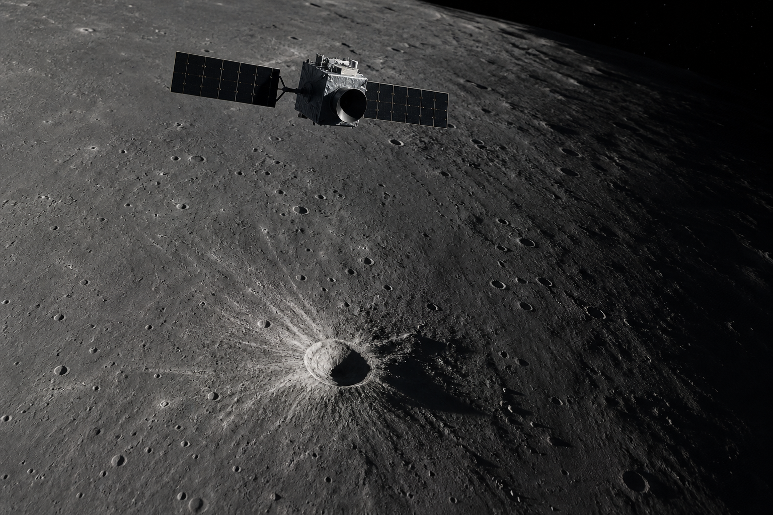 Illustration of an orbiter observing a fresh crater in oblique sunlight
