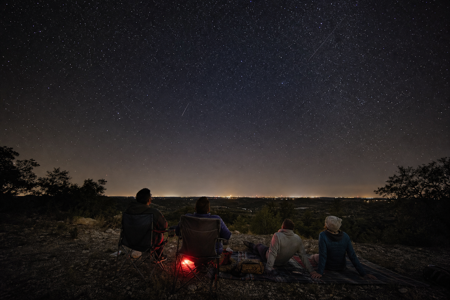 Friends watching meteors from a dark overlook