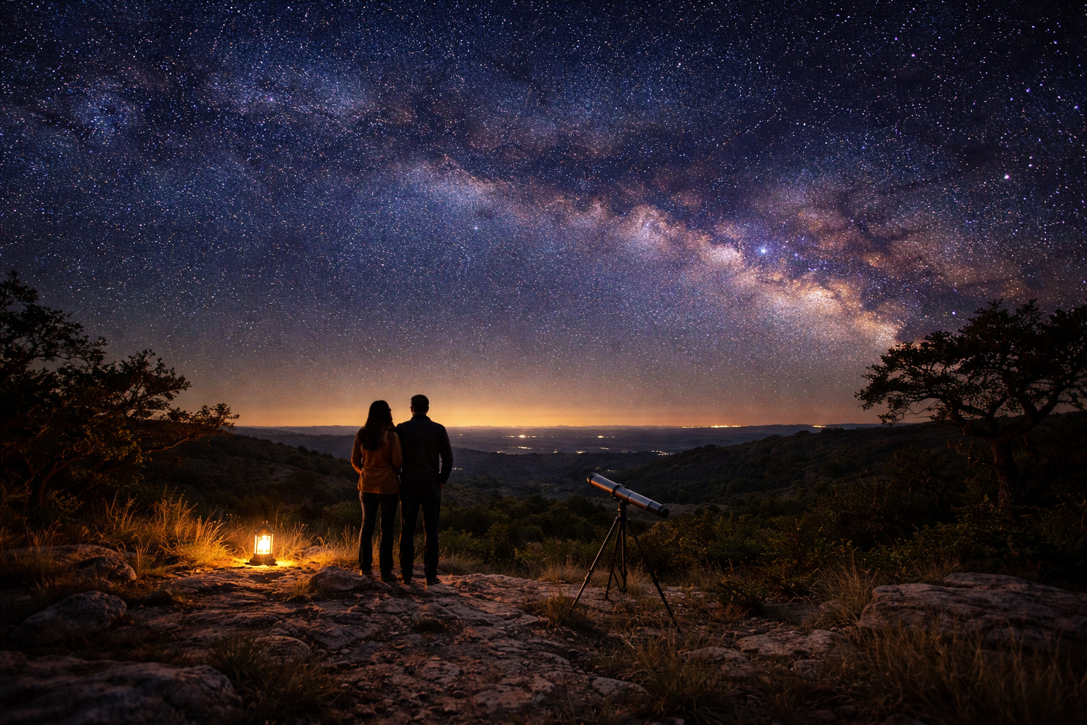 Couple stargazing beside a telescope under the Milky Way on a rocky Texas hill at night.