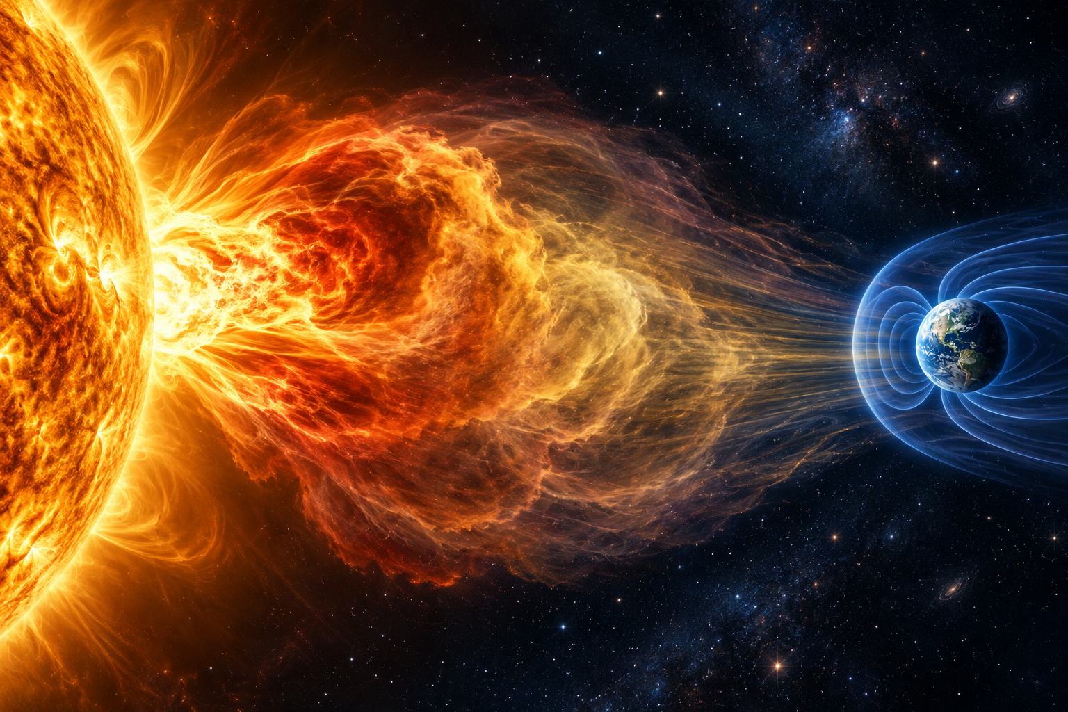 Illustration of a coronal mass ejection traveling from the Sun toward Earth