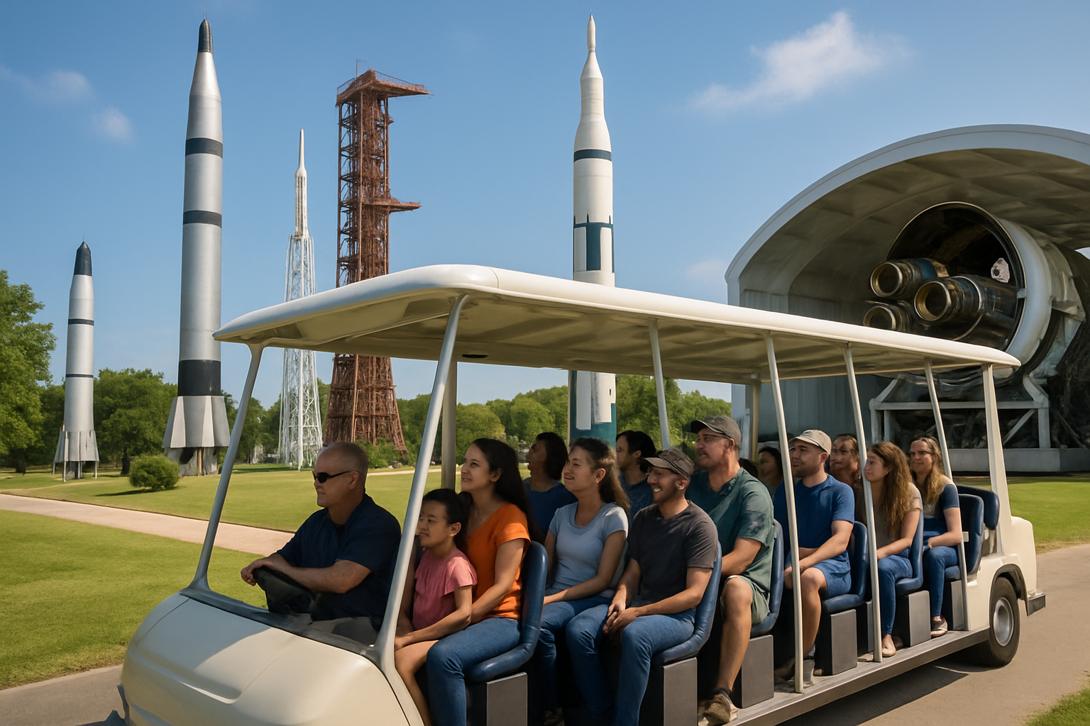 Visitors riding an open-air tram near aerospace structures