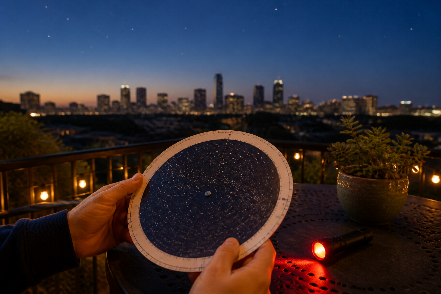 A beginner holds a planisphere on a city balcony at blue hour