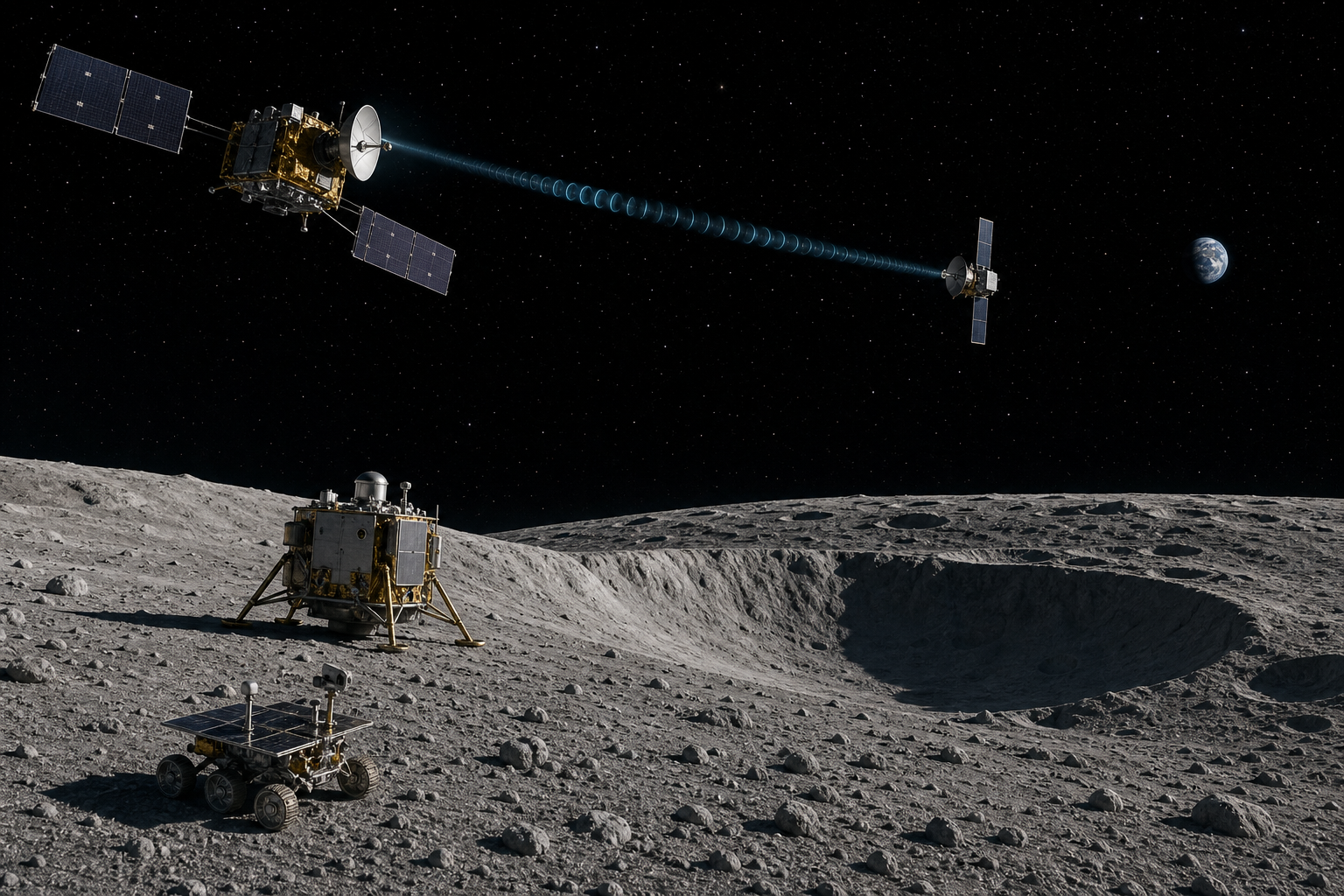 An orbiter and relay satellite supporting a lander and rover at the lunar south pole