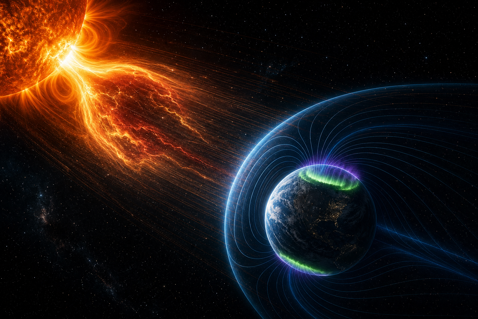 A coronal mass ejection interacts with Earth’s magnetic field, with auroral glow confined to polar regions