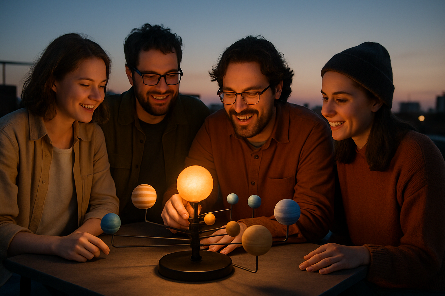 Friends gathered around a simple solar system model on a rooftop at dusk