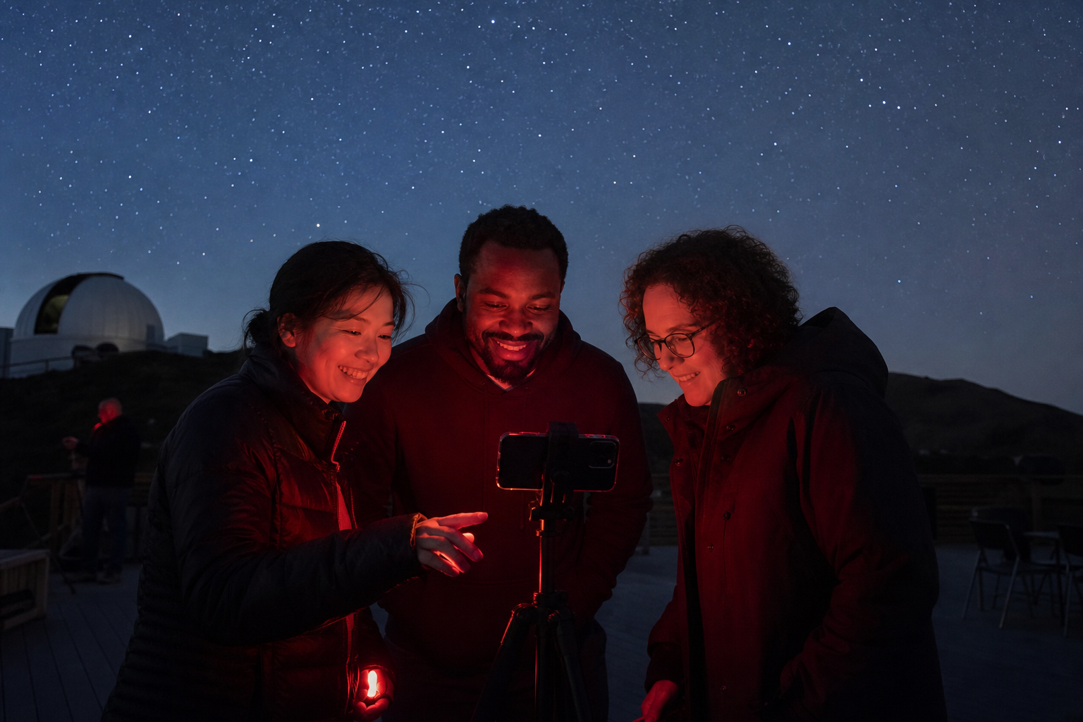 Friends compare phone astrophotography results after a star party