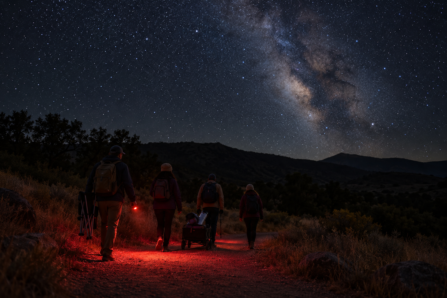 Friends walking carefully with dim red light directed only at the trail.