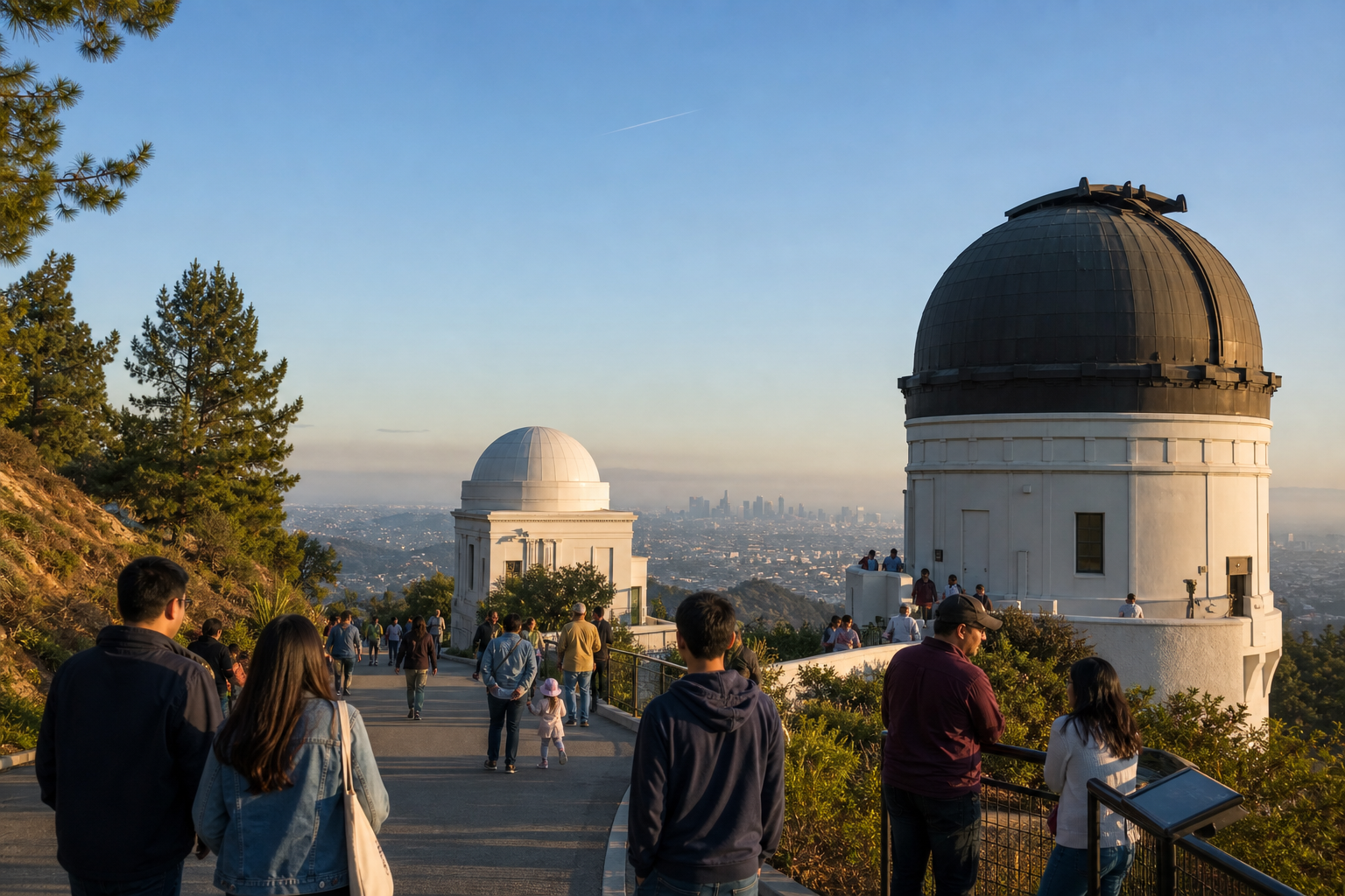 A group of friends at an observatory overlook with city lights far below