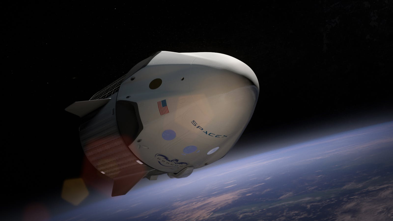 Dragon cargo spacecraft in orbit above Earth's curved horizon