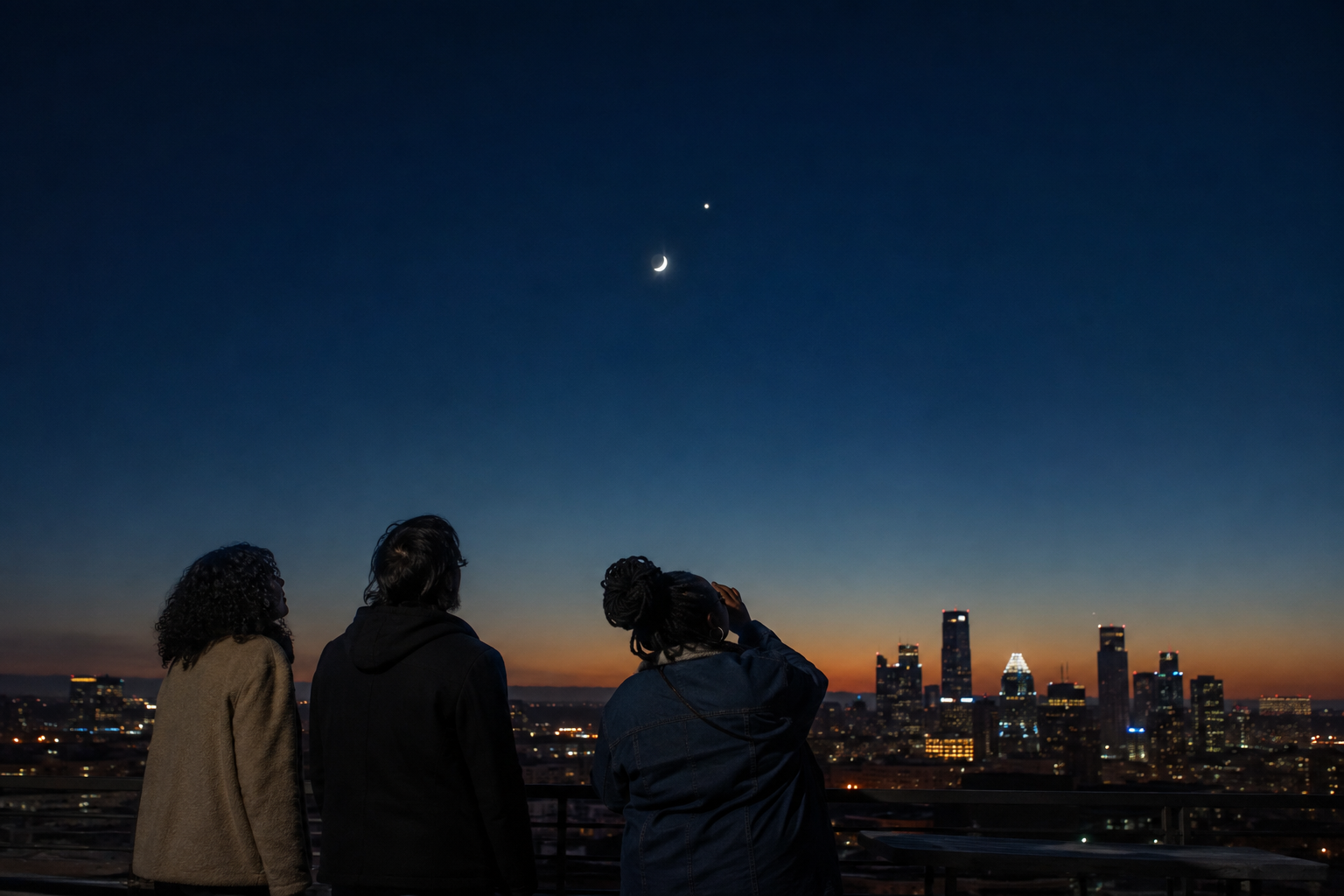 Three friends look at a thin crescent Moon and Jupiter over Austin before sunrise.