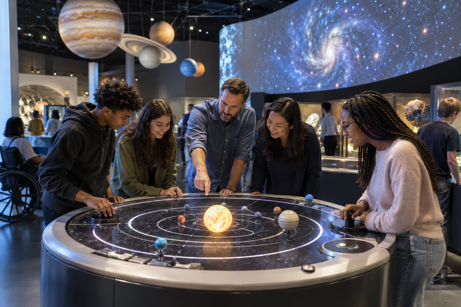 Visitors explore an interactive solar-system table in a modern science learning gallery