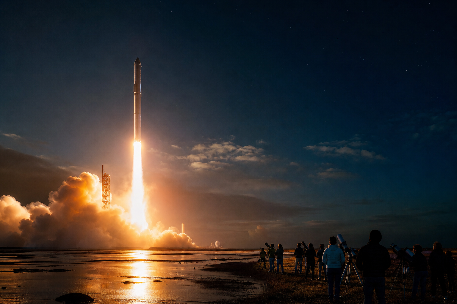 Night launch of a stainless-steel reusable heavy-lift rocket as a small community watches from a distant shore