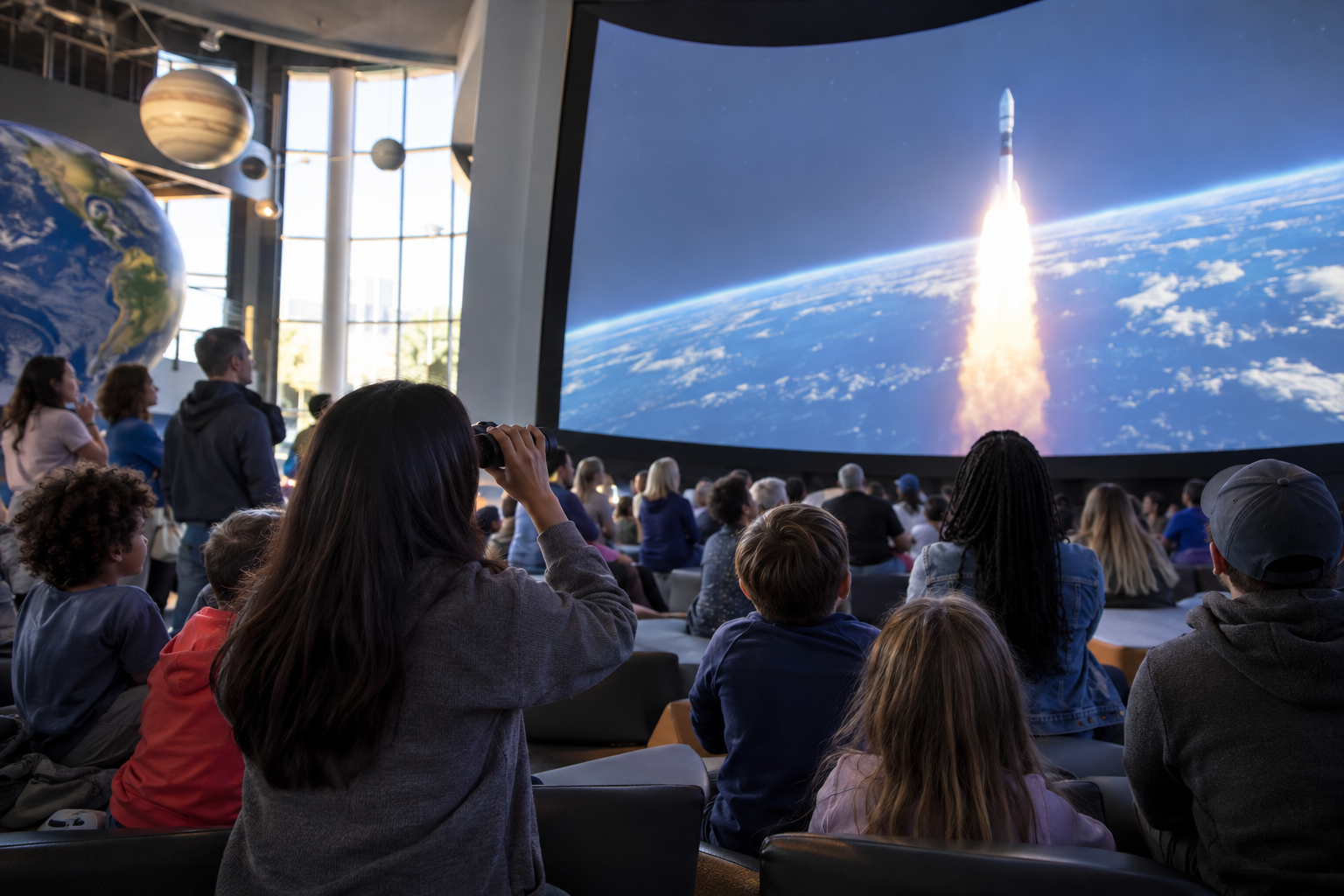 A diverse public space community watches an unbranded rocket launch projection together in a planetarium.