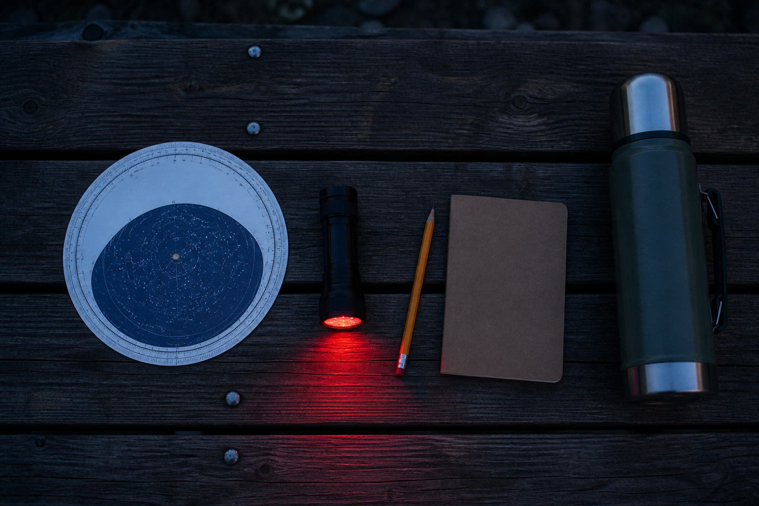 A simple no-phone stargazing kit with planisphere, red light, notebook, and thermos