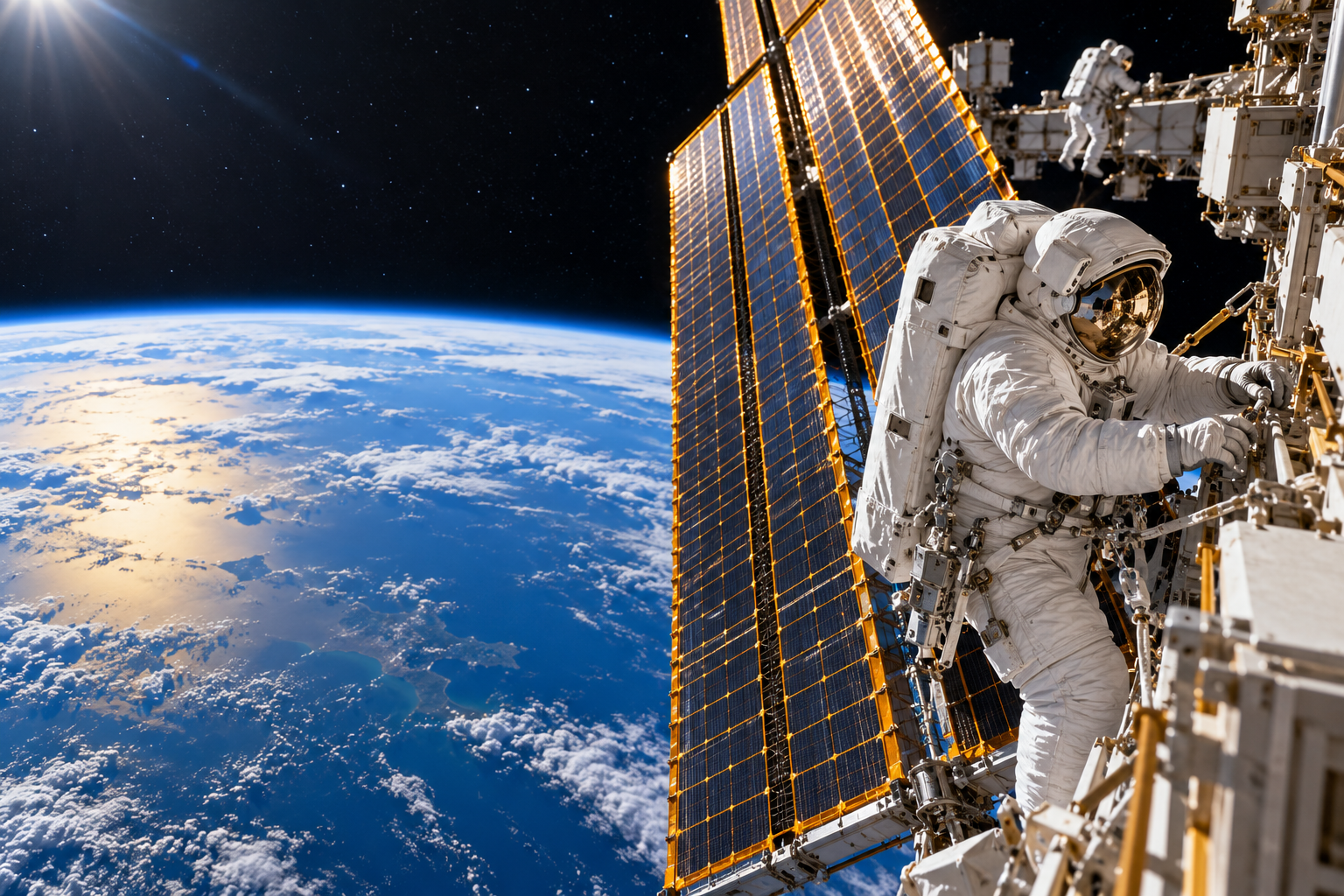 Astronaut working beside an ISS roll-out solar array above Earth in an editorial spaceflight illustration.