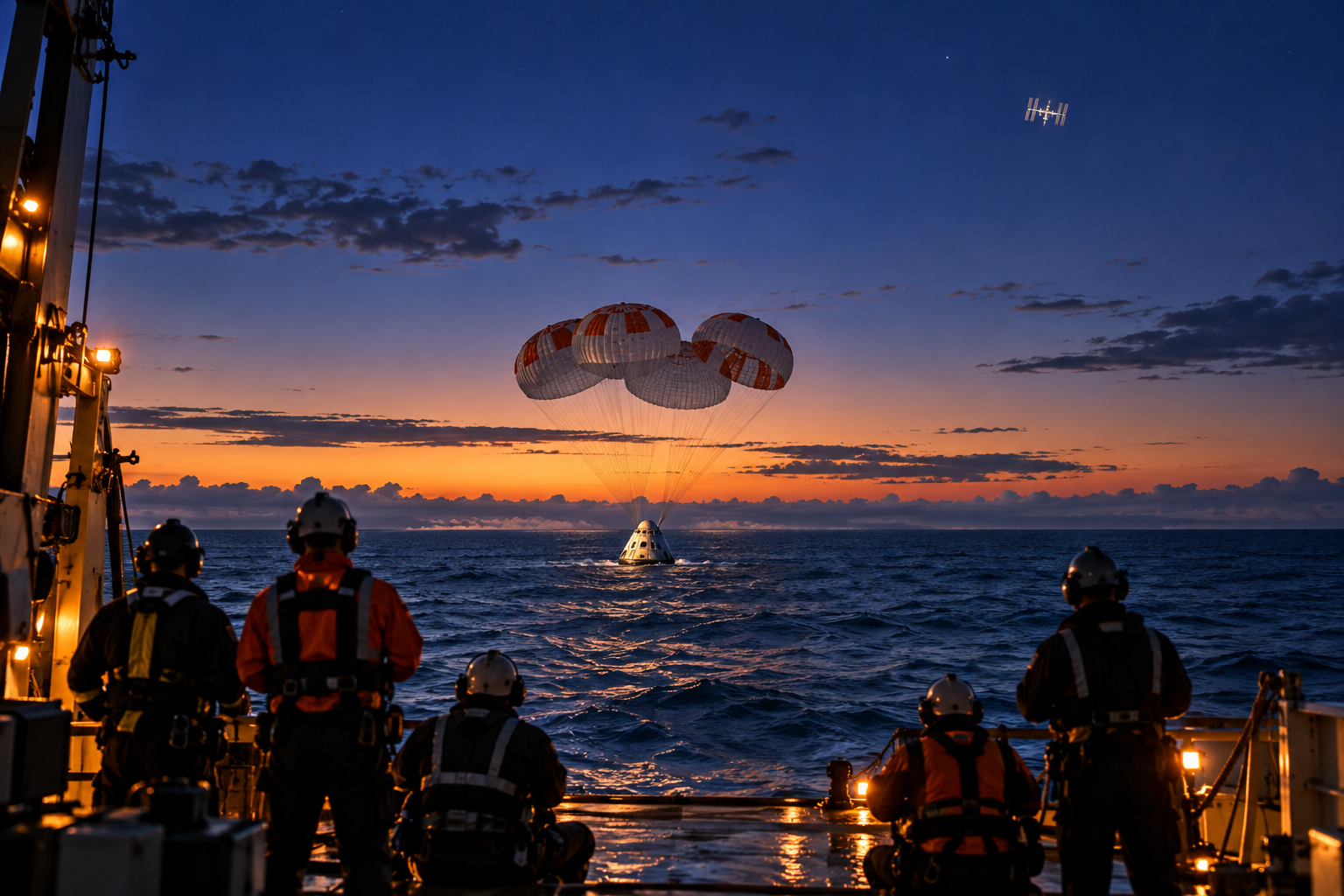 Crew Dragon capsule descending beneath parachutes toward the Pacific as recovery teams watch from a ship at blue hour.