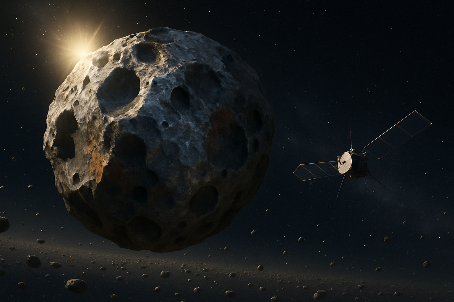 Metal-rich asteroid Psyche with the spacecraft approaching in deep space