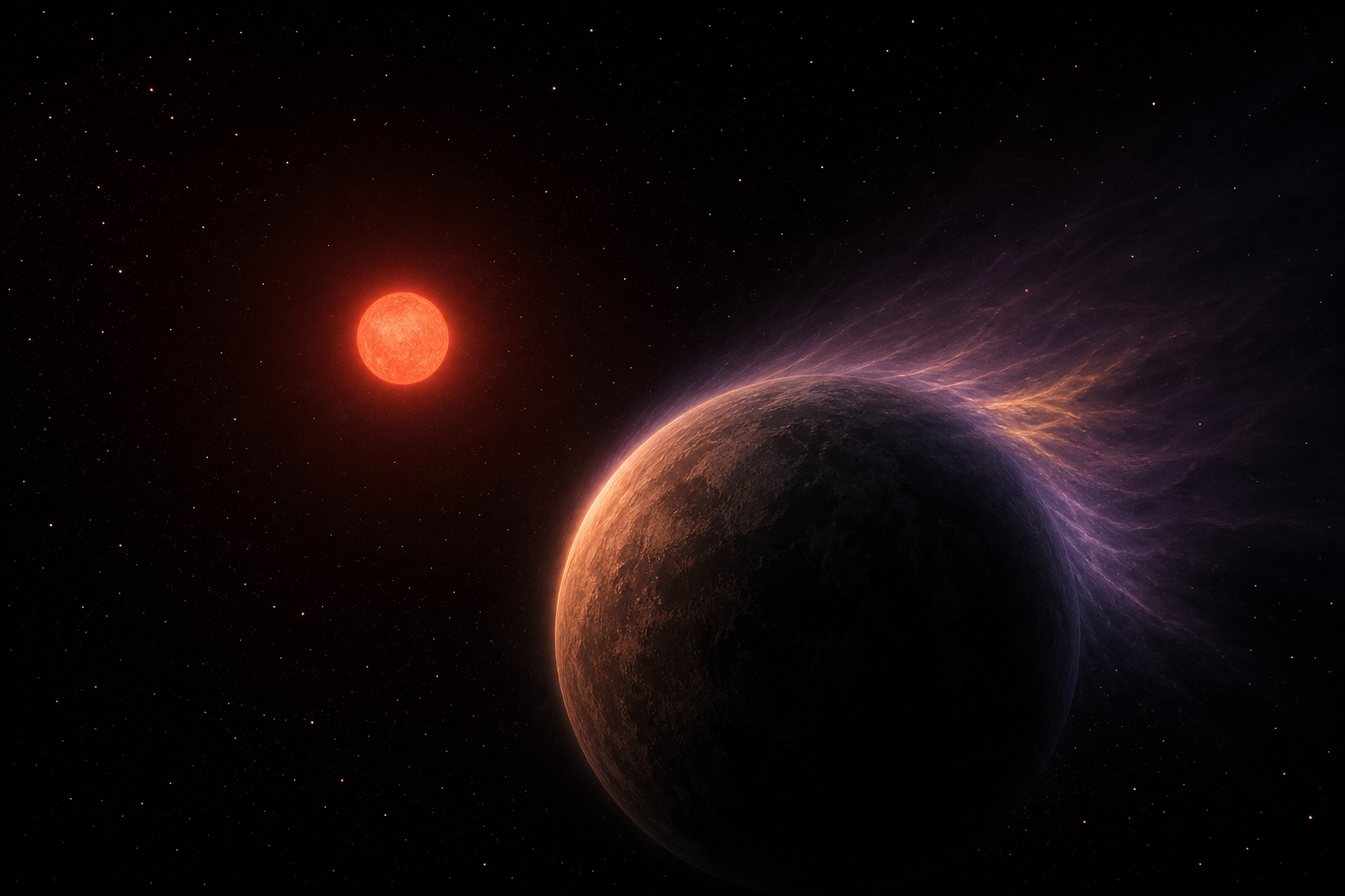 Artist’s visualization of rocky exoplanet LHS 1140 b transiting a red dwarf star with a faint escaping upper atmosphere