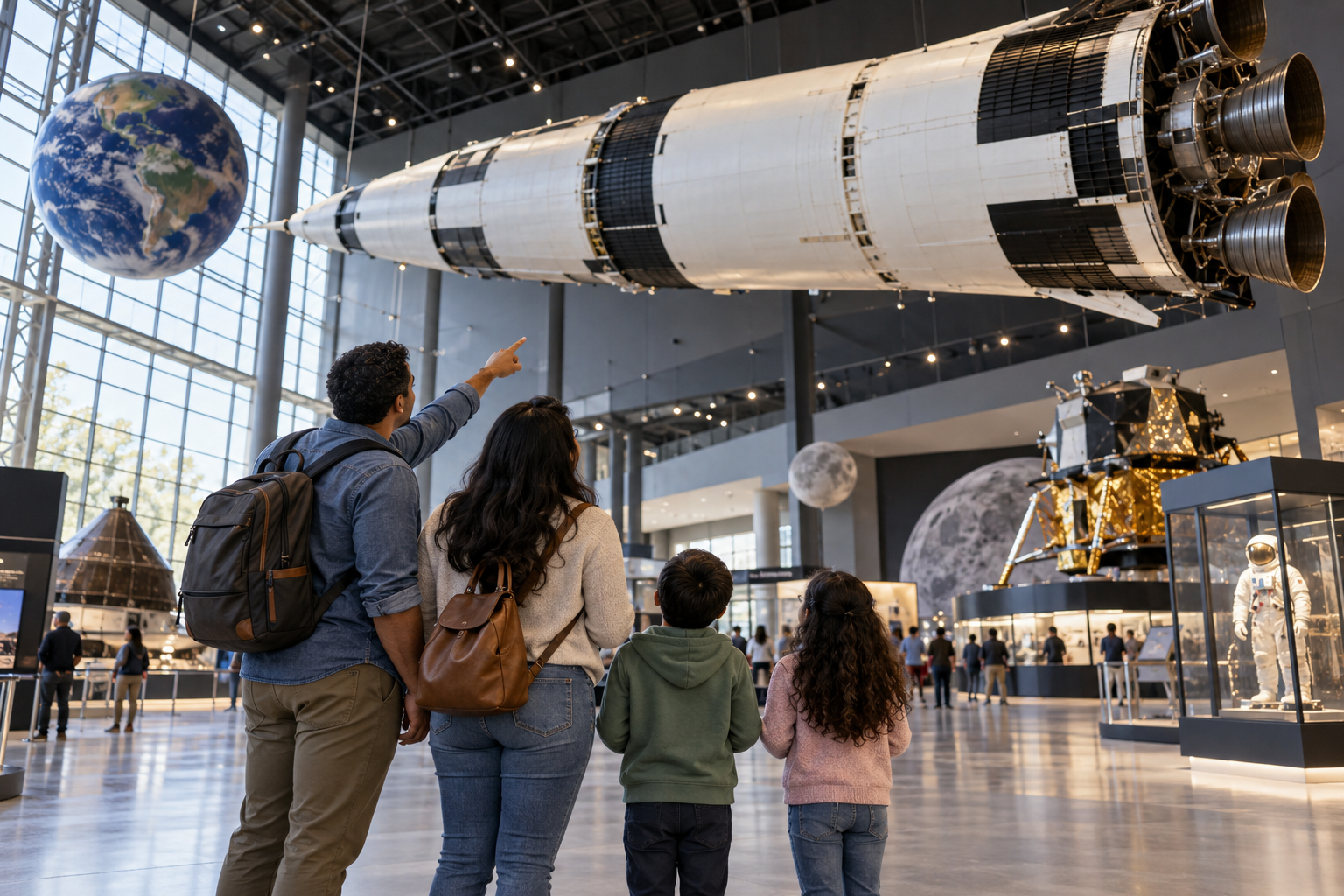 A family pauses together beneath a suspended rocket model in a bright, welcoming science-museum gallery.