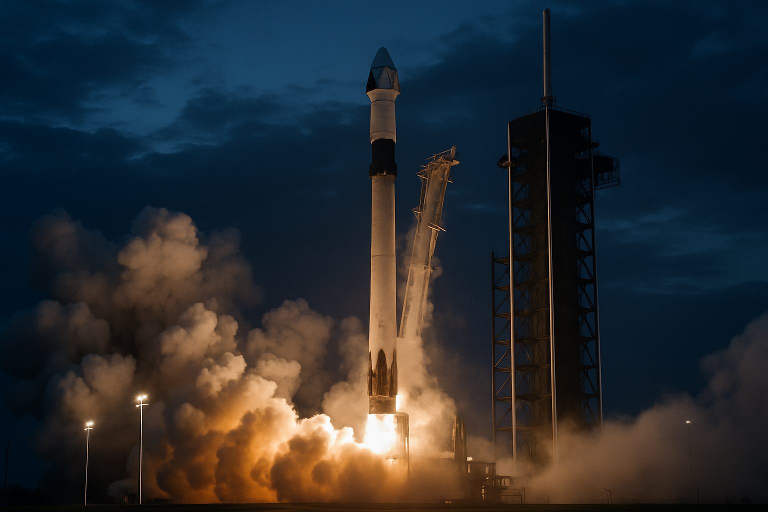 Falcon 9 and Dragon on a floodlit launch pad at dusk