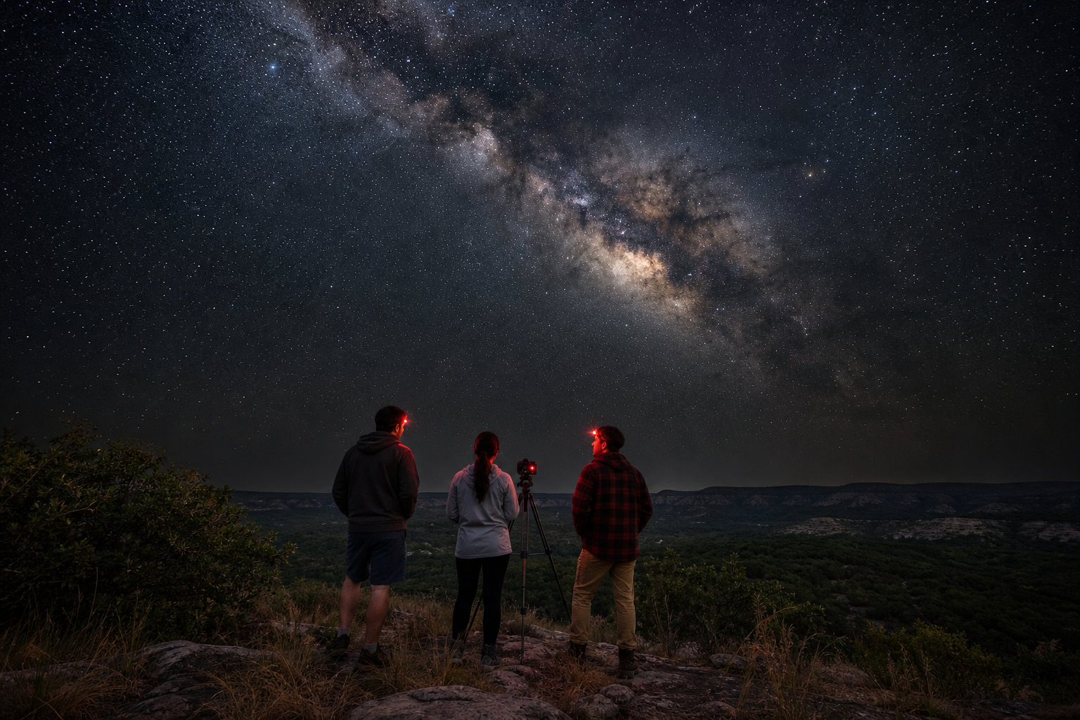 Three friends photograph the Milky Way from a dark Texas Hill Country overlook with a camera tripod