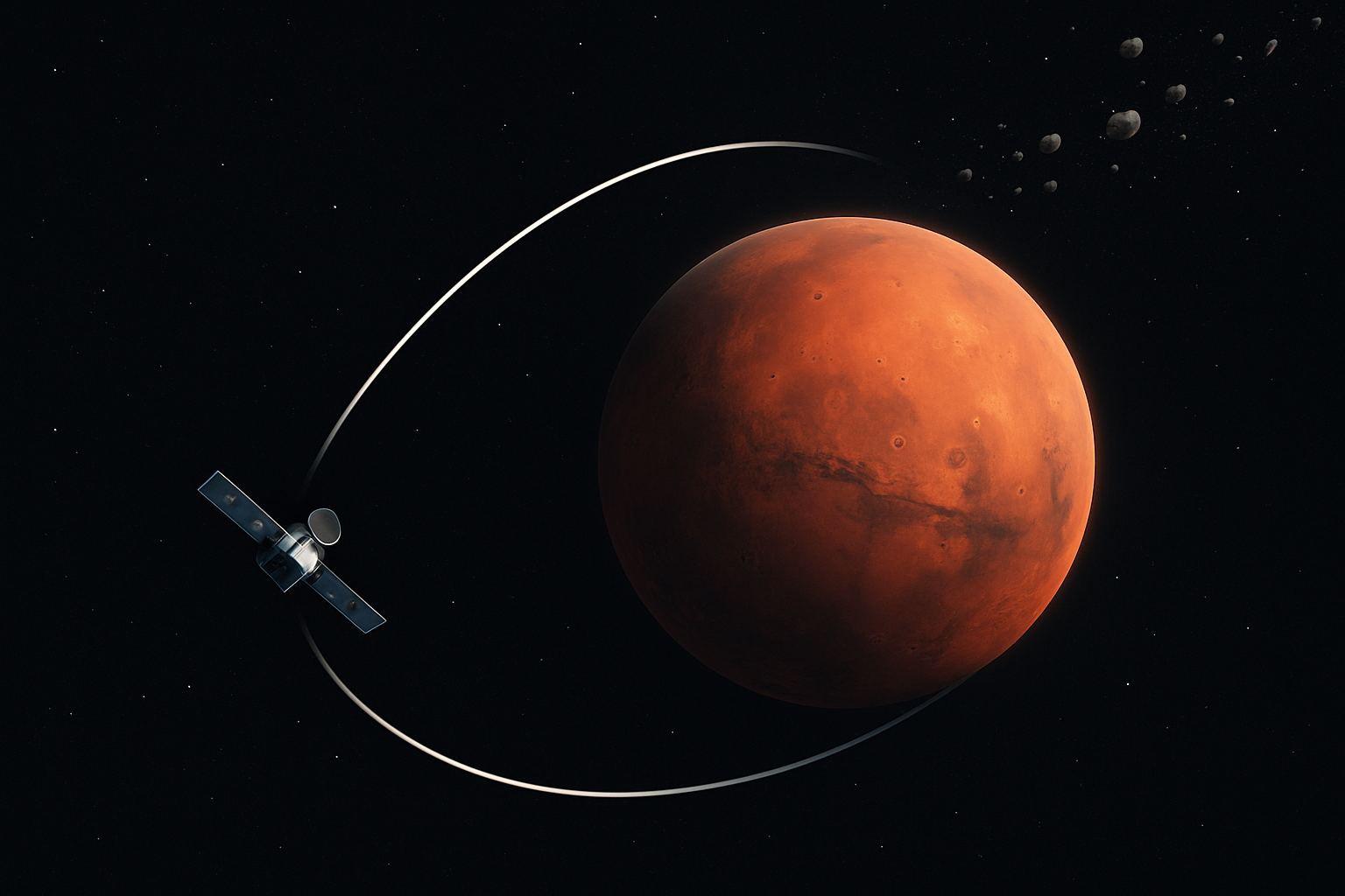 Trajectory arc showing a gravity-assist flyby around Mars