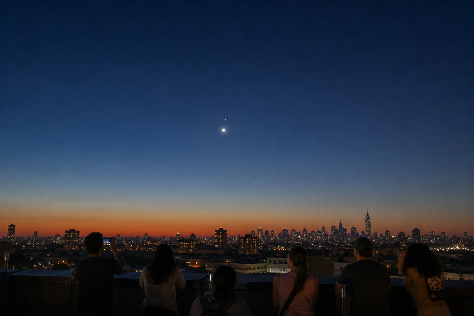 Friends look toward Venus and Spica above a twilight city skyline.