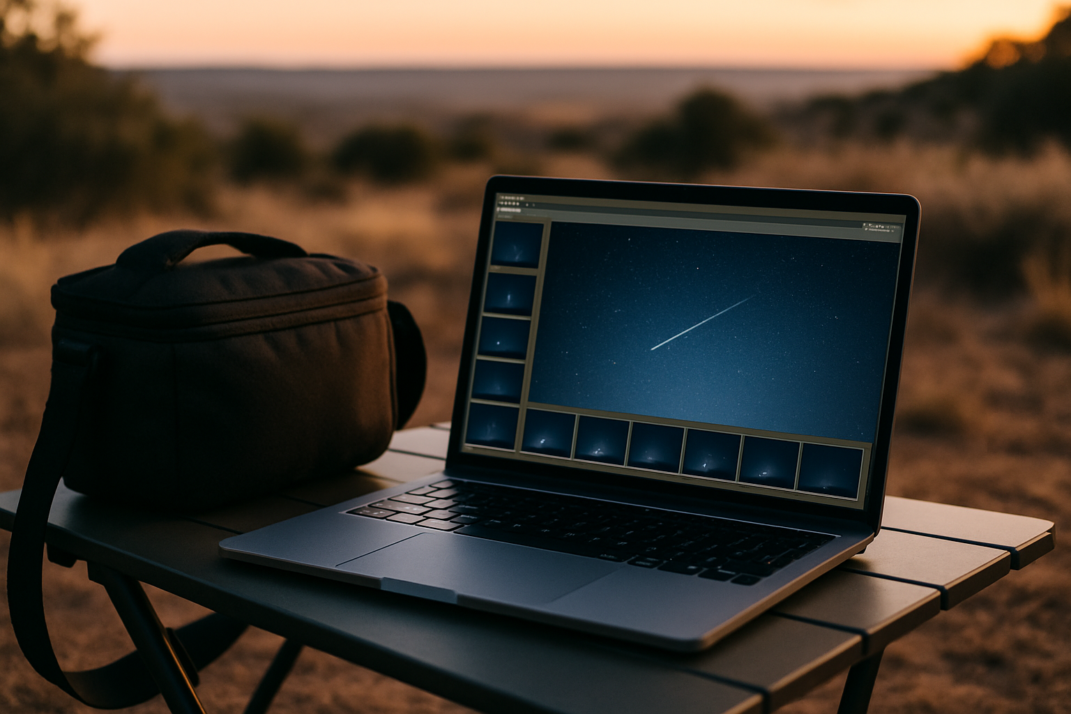 Laptop reviewing a night-sky photo sequence with one selected frame showing a clean meteor streak.