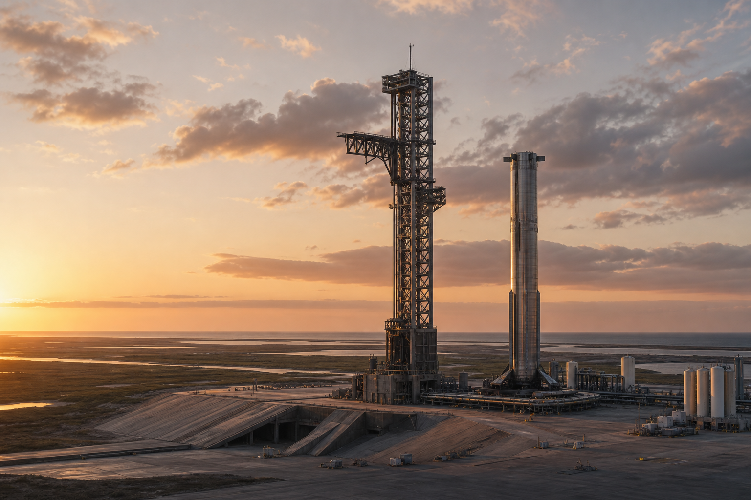 Large coastal launch pad held quiet during post-flight review