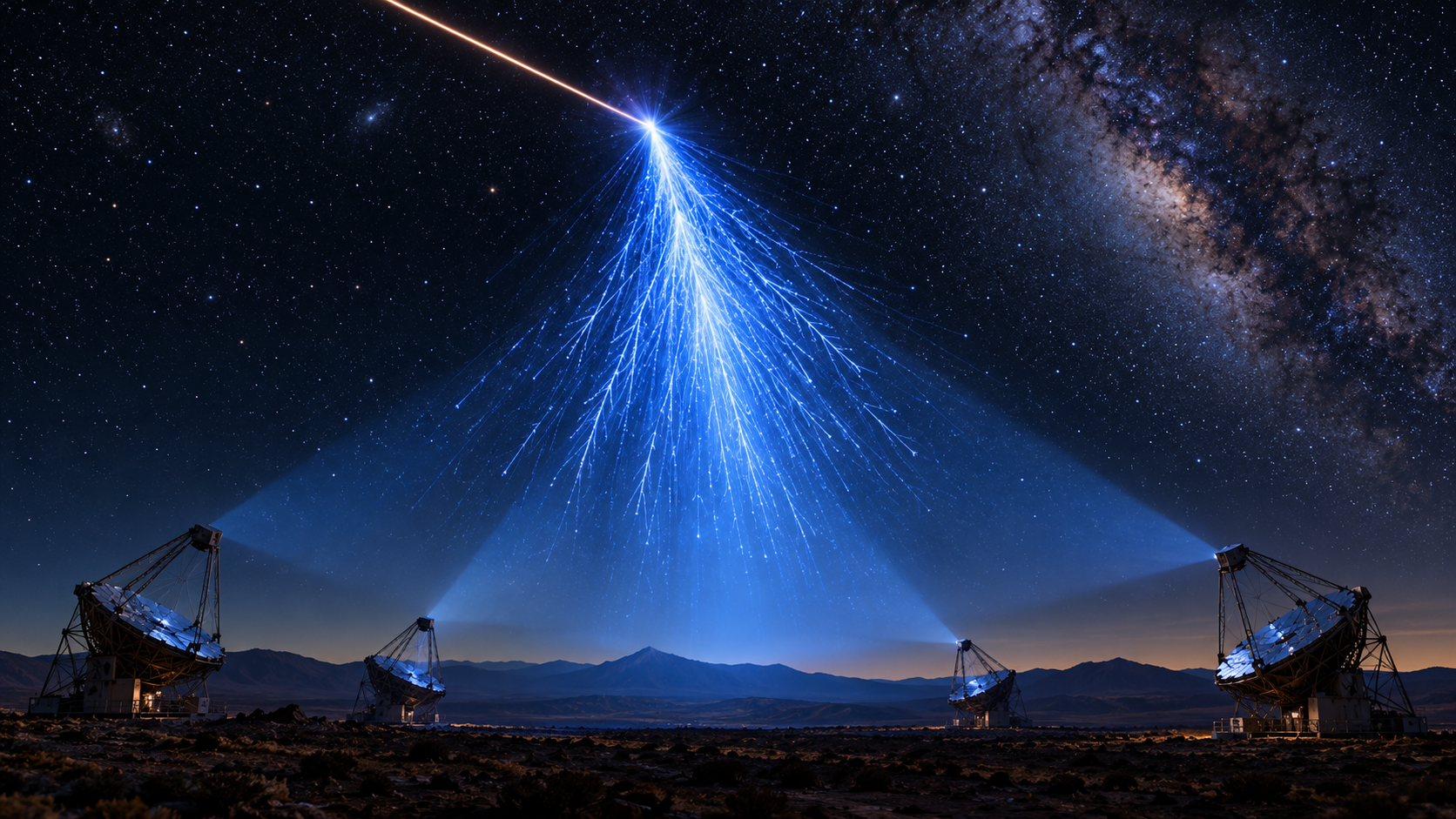 A gamma ray produces a blue Cherenkov-light shower above four ground telescopes
