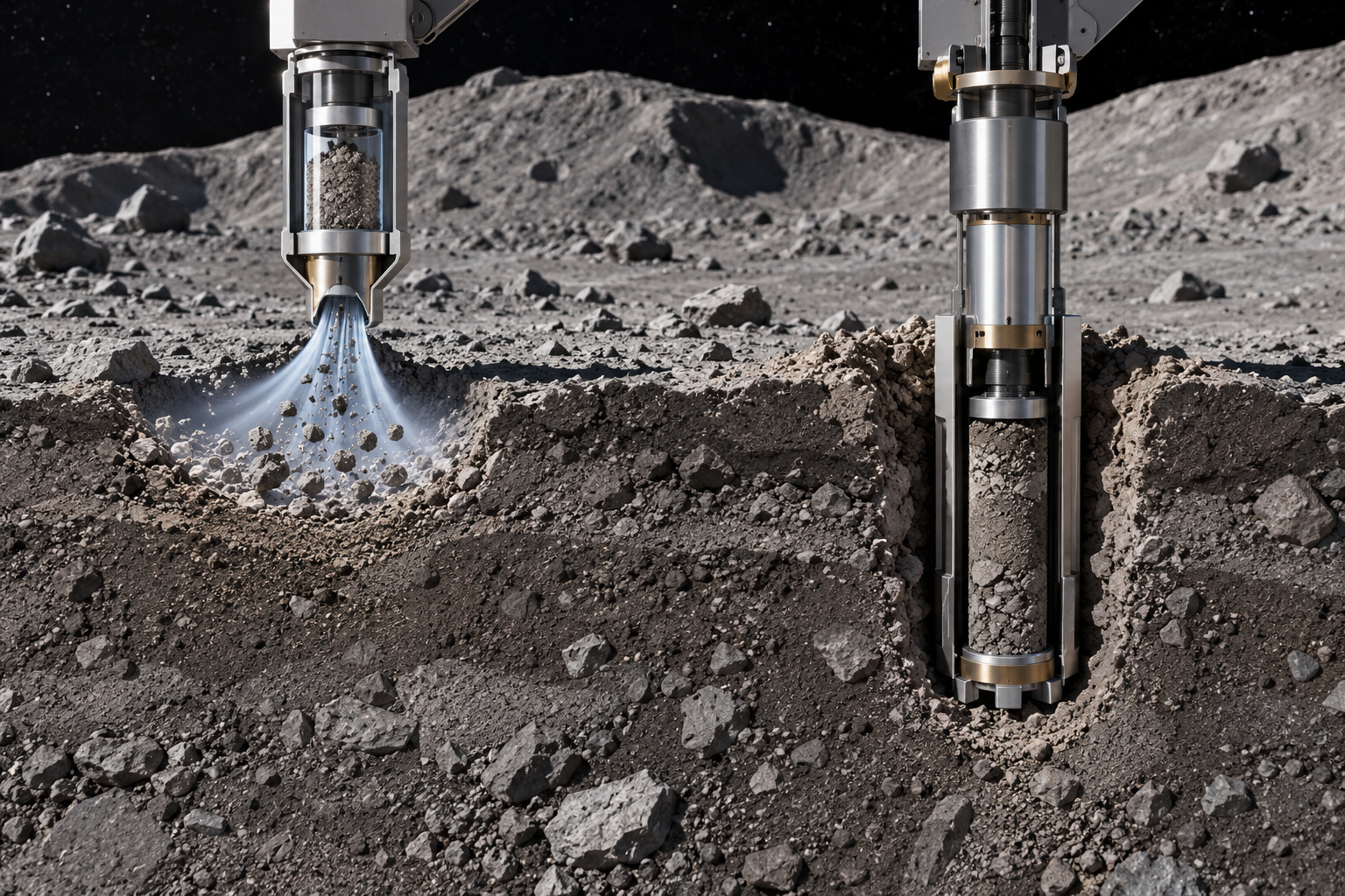 A surface pneumatic sampler and a deeper coring sampler collect different Phobos material.