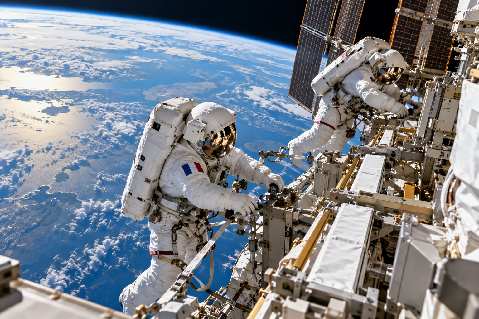 Two astronauts performing a spacewalk outside the International Space Station above Earth