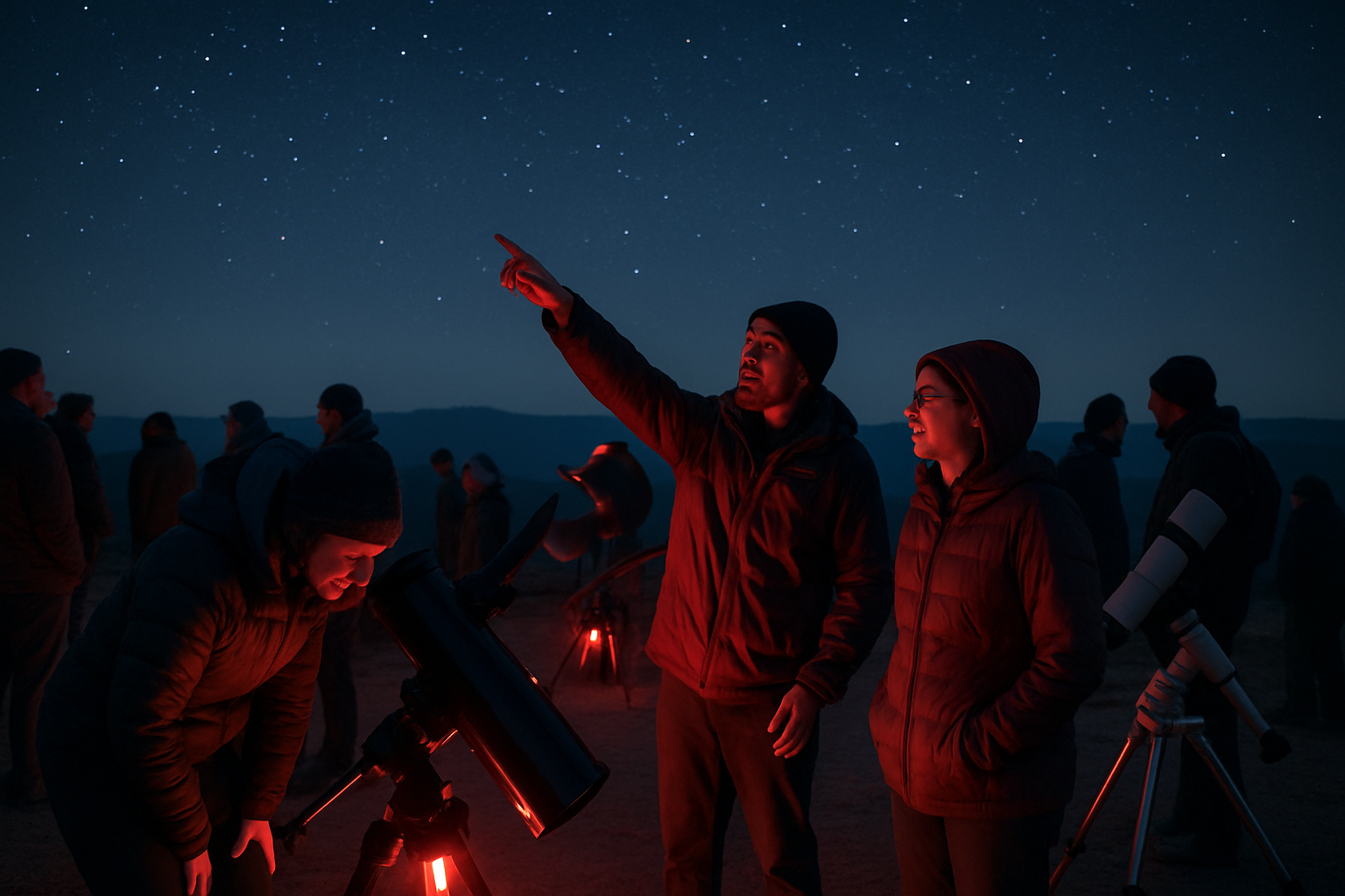 Beginners gathering around member-provided telescopes at a mountain star party under a dark sky