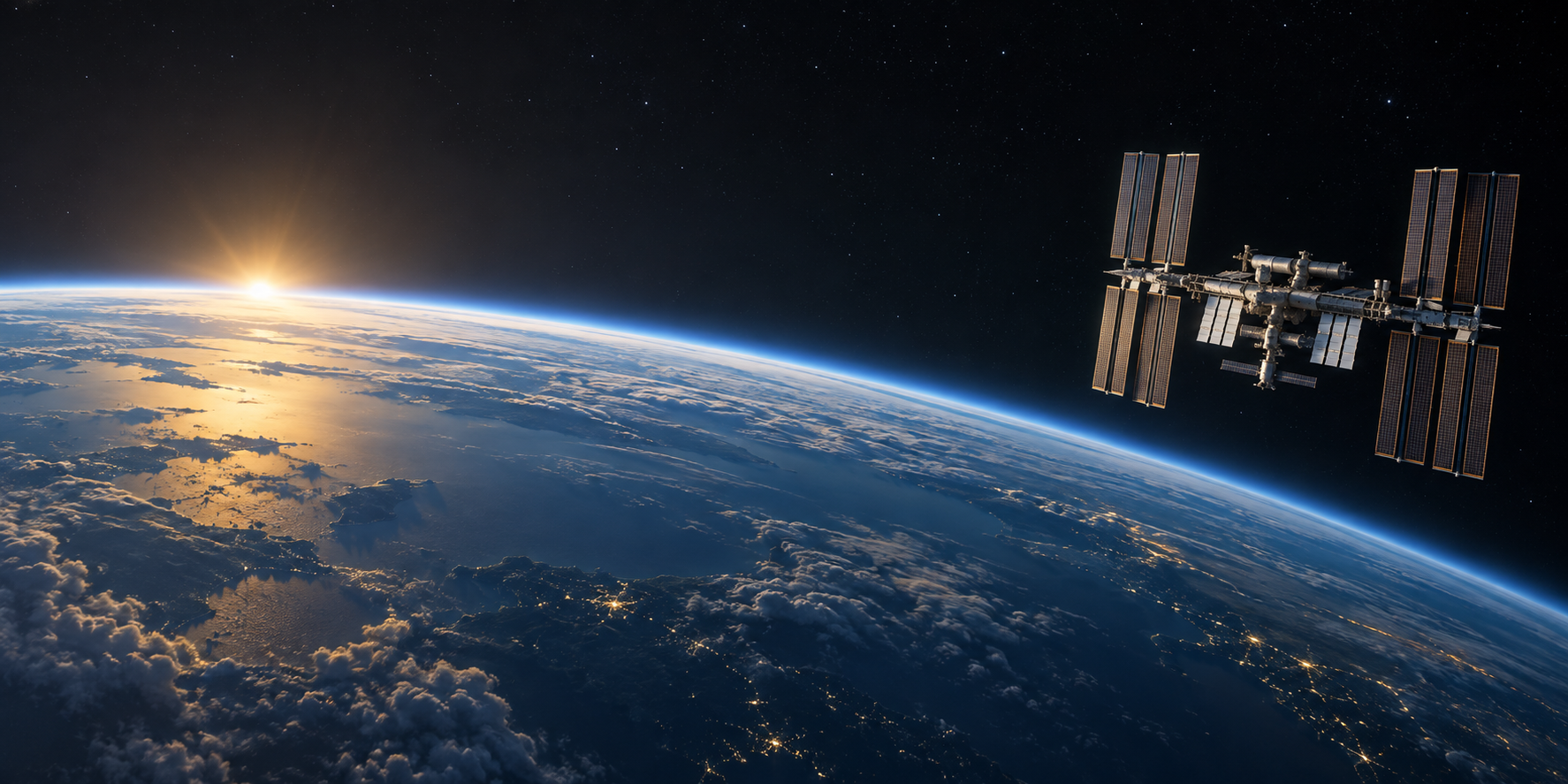 Original editorial illustration of the International Space Station over Earth at sunrise, representing careful crew-flight certification
