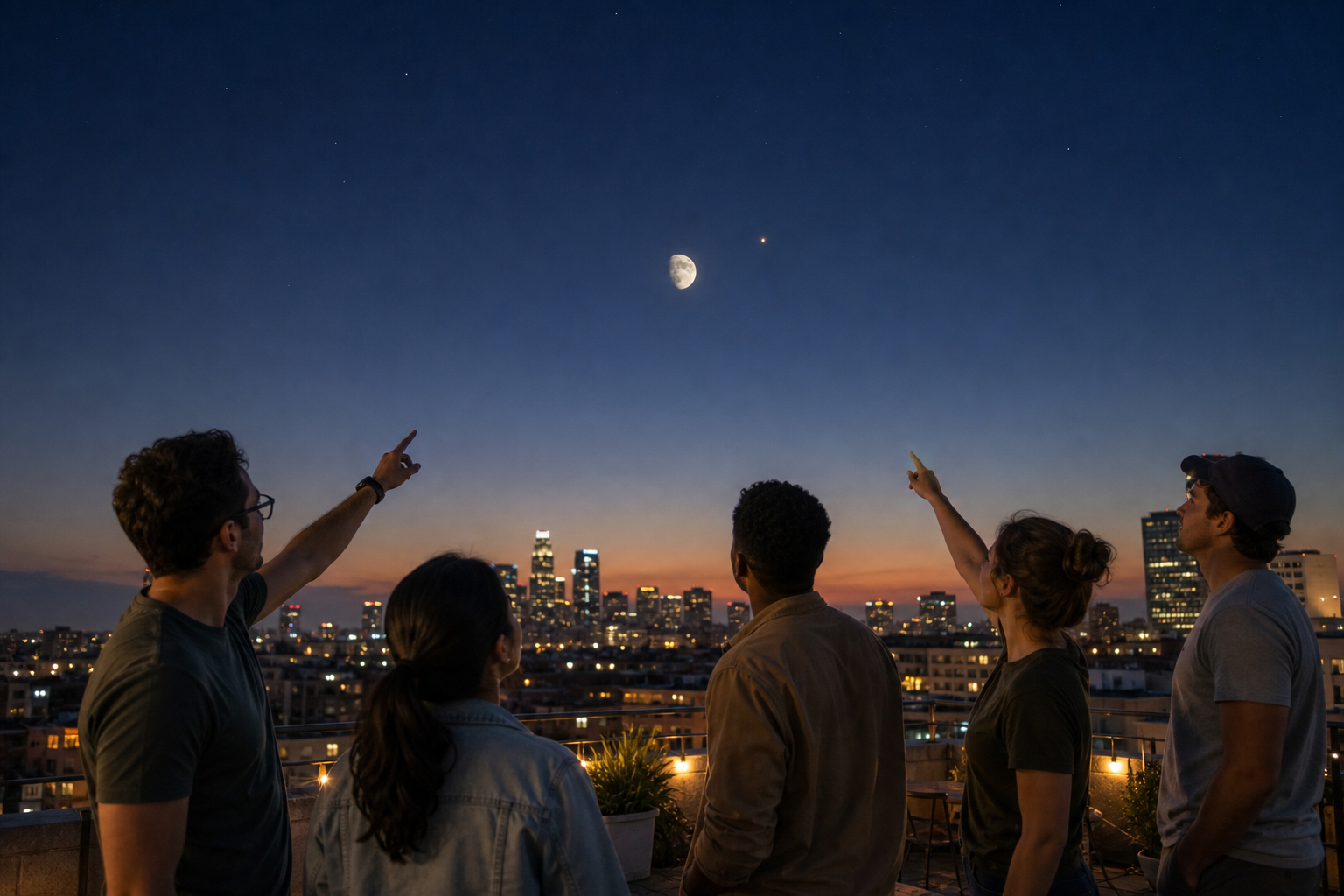 Friends using the bright Moon as a guide star on a summer evening