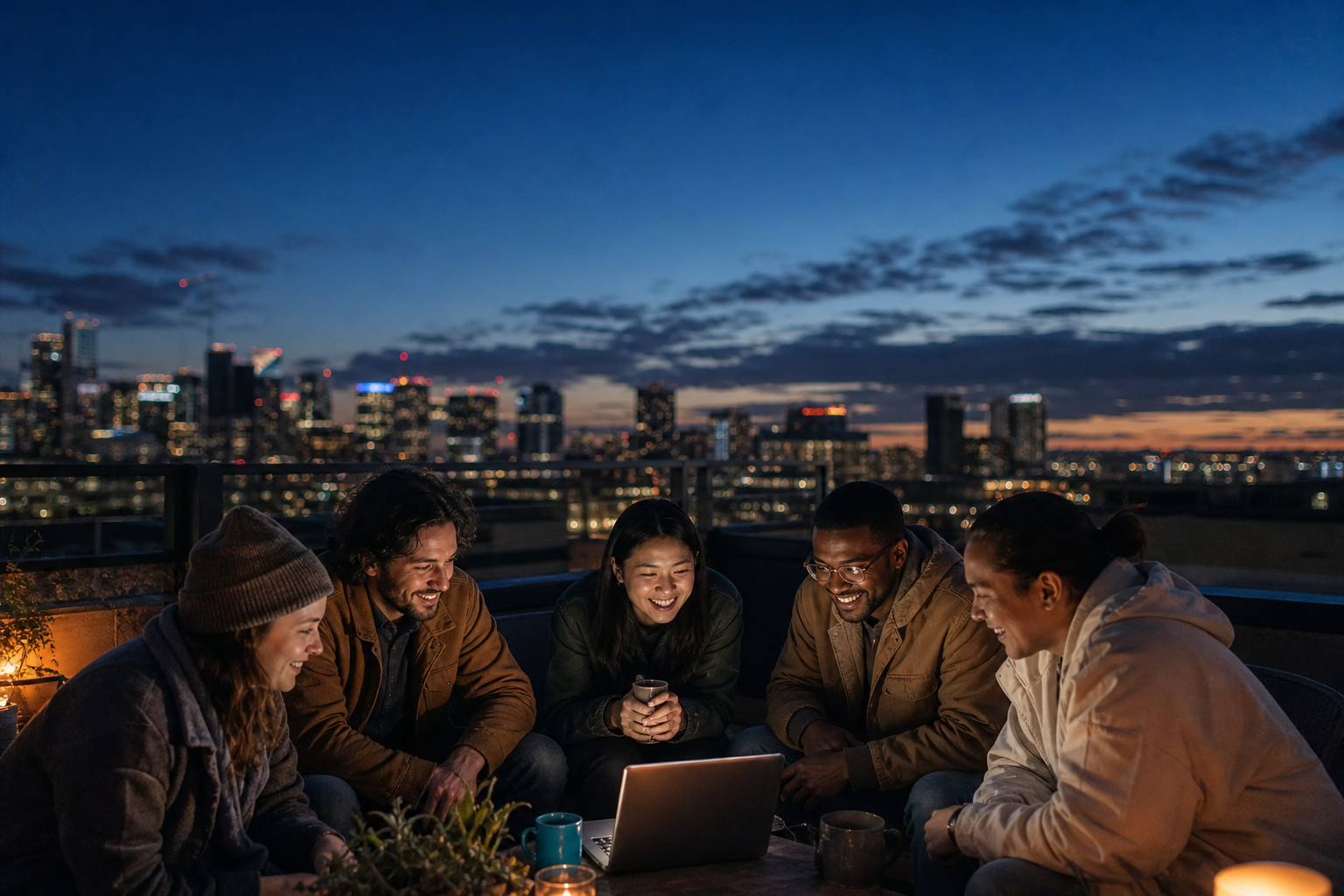 Friends gather around a laptop at a blue-hour rooftop launch watch
