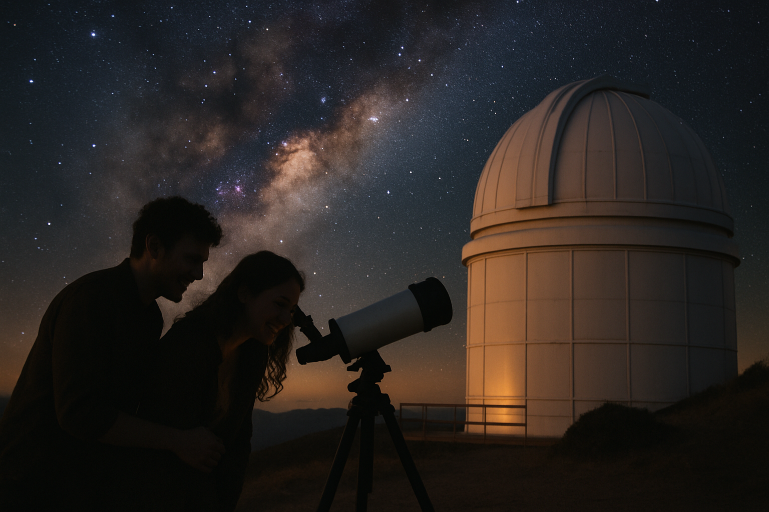 Couple stargazing beside an observatory under the Milky Way