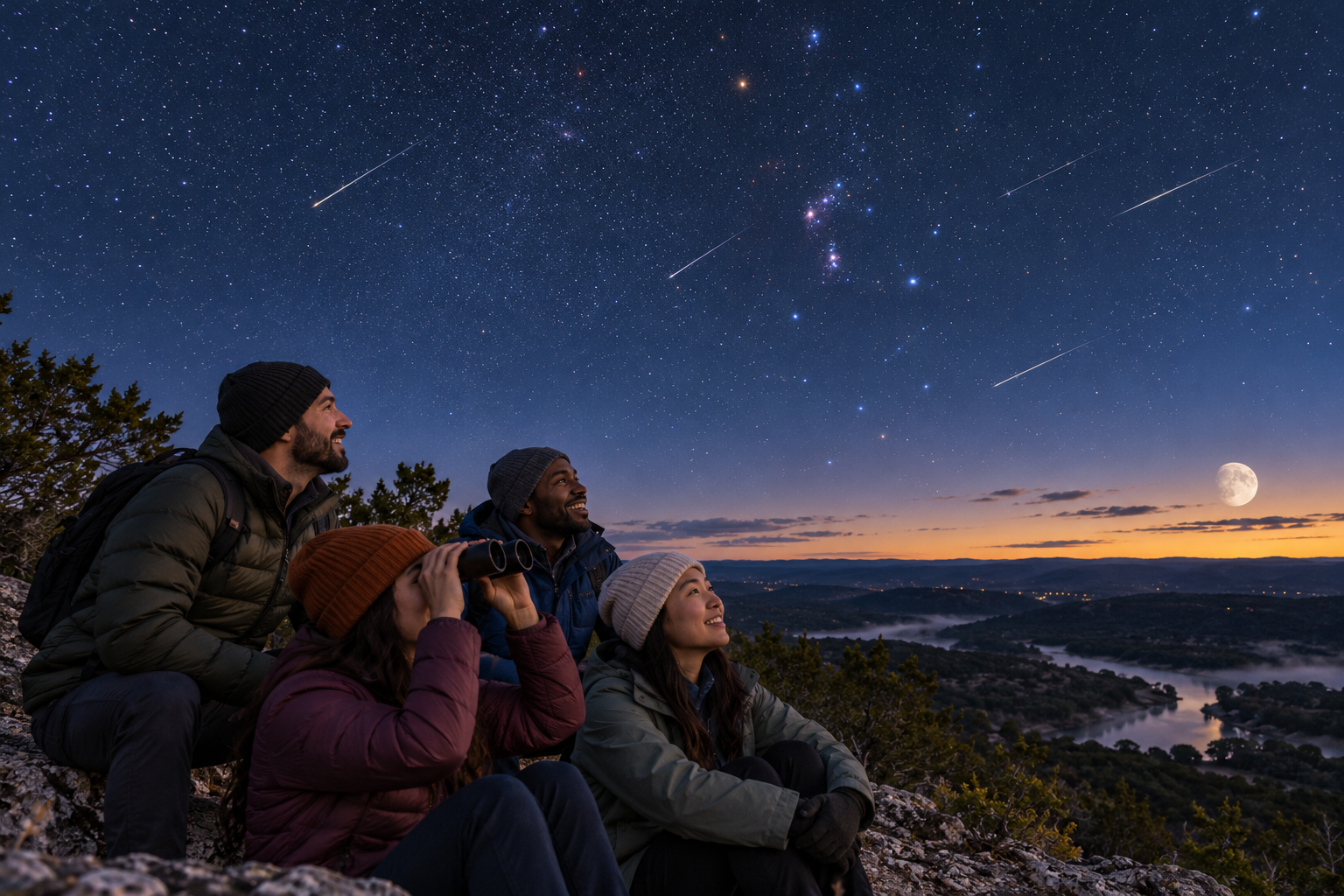 Four friends using binoculars beneath Orionid meteors before dawn at a Texas hill-country overlook.