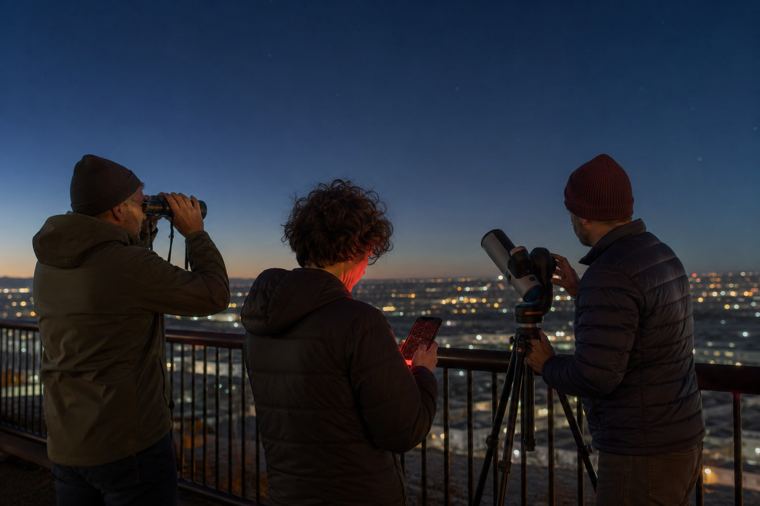 Friends use binoculars and a small smart telescope at an evening observing session.