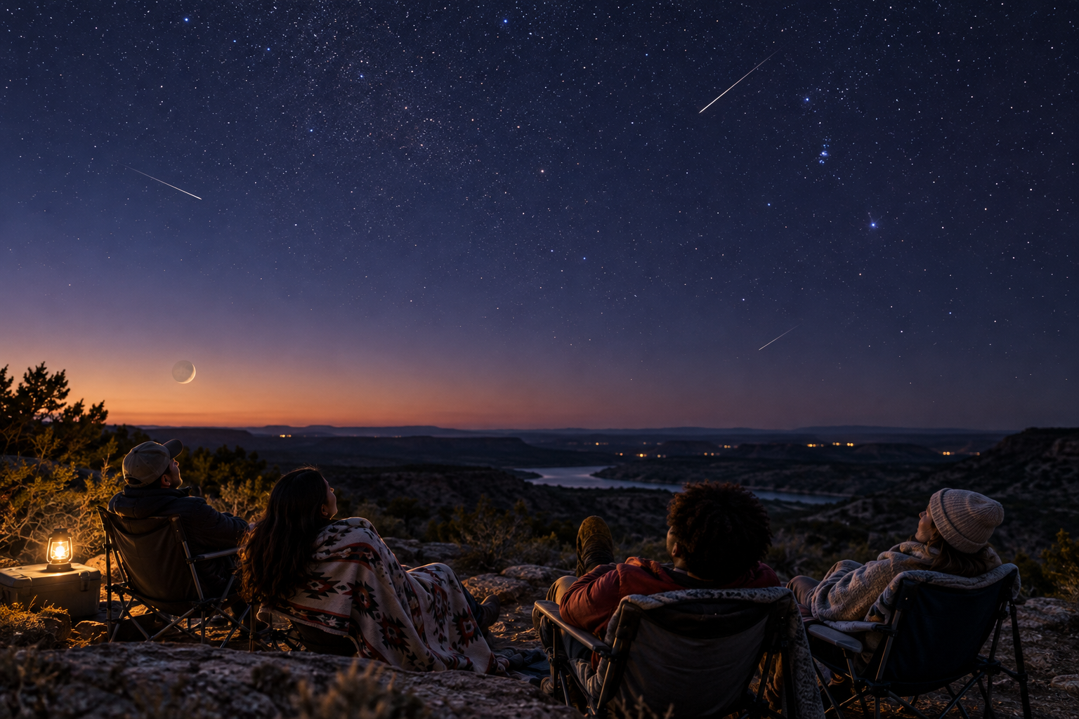 A diverse group of adult friends watches a sparse meteor shower from a dark-sky overlook at early evening.