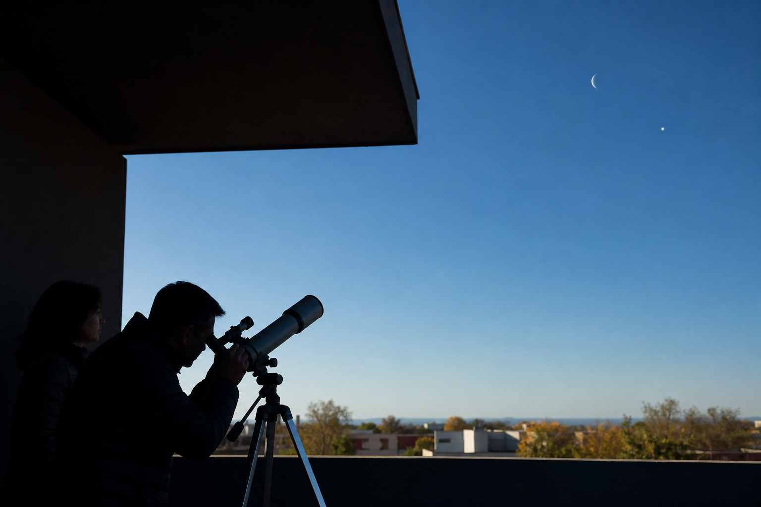 Observer setting up a small telescope in the shadow of a building during the afternoon